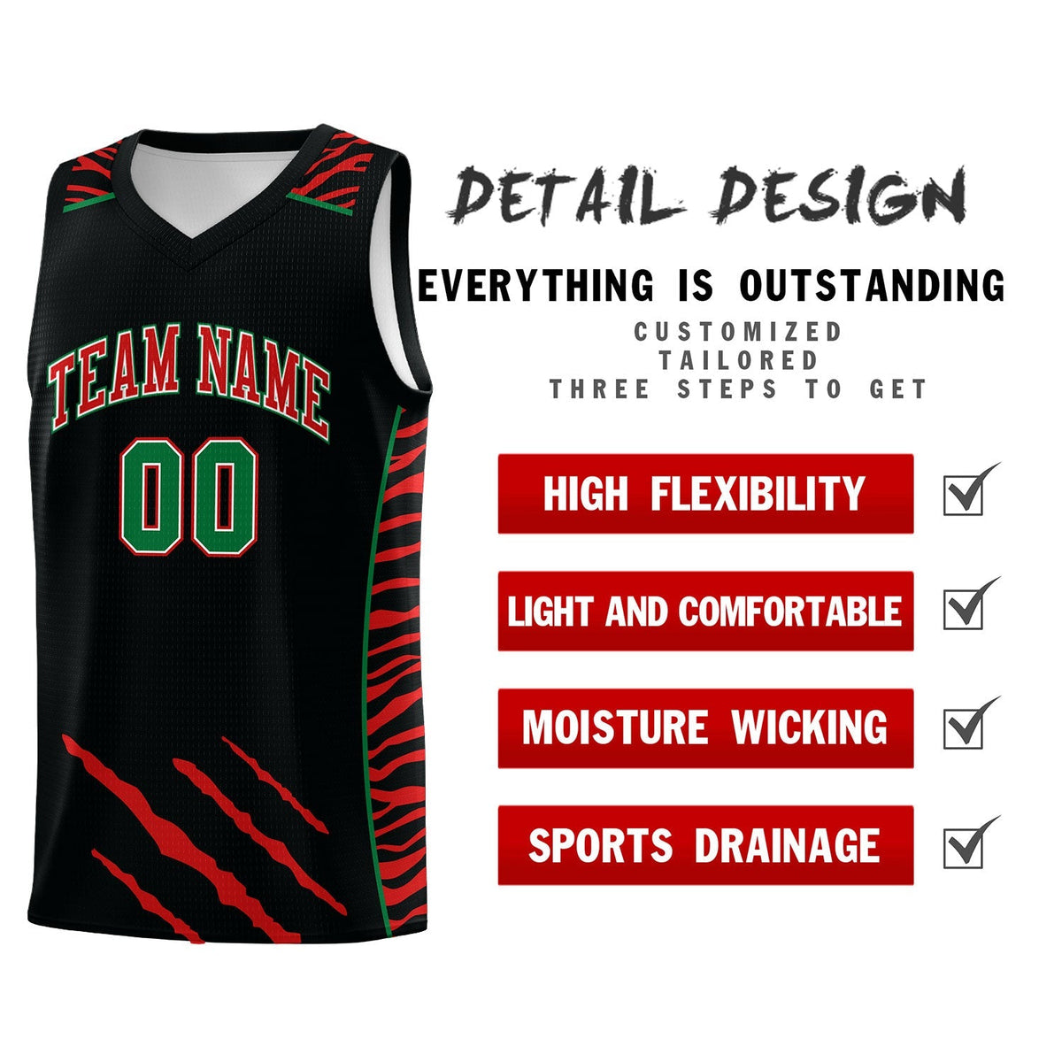 Custom Black Personalized Tiger Claw Pattern Sports Uniform Basketball Jersey
