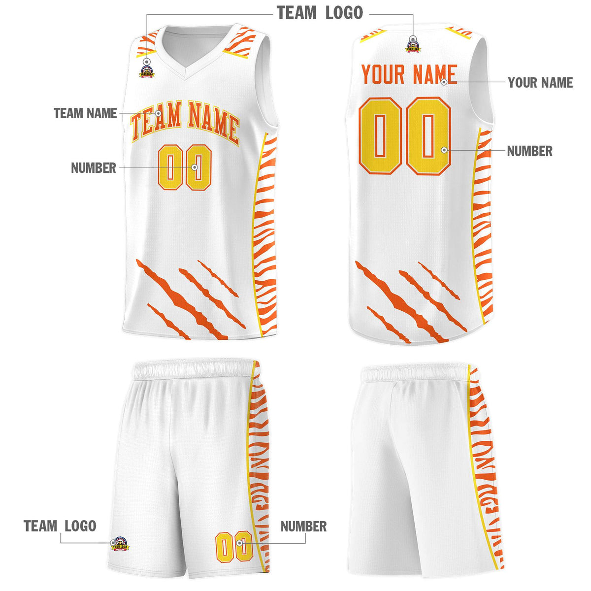 Custom White Personalized Tiger Claw Pattern Sports Uniform Basketball Jersey