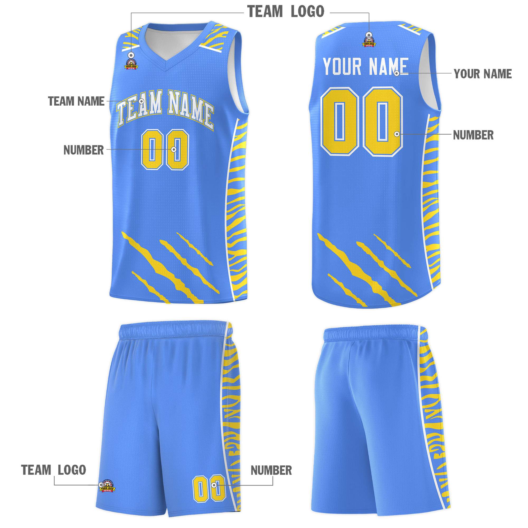 Custom Powder Blue Personalized Tiger Claw Pattern Sports Uniform Basketball Jersey