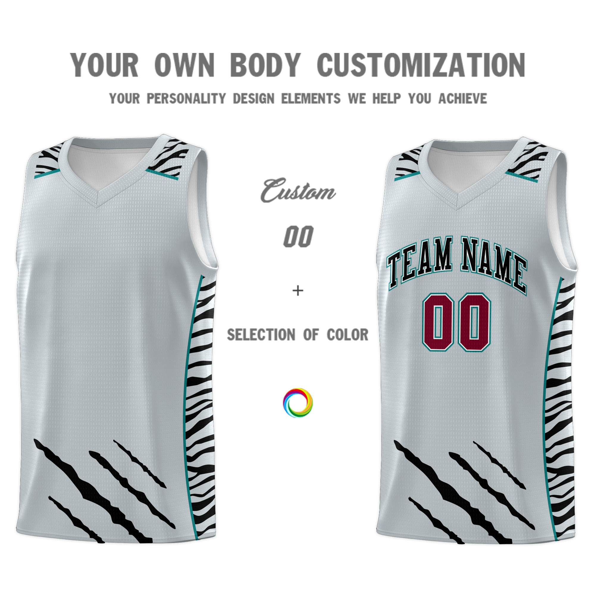 Custom Silver Personalized Tiger Claw Pattern Sports Uniform Basketball Jersey