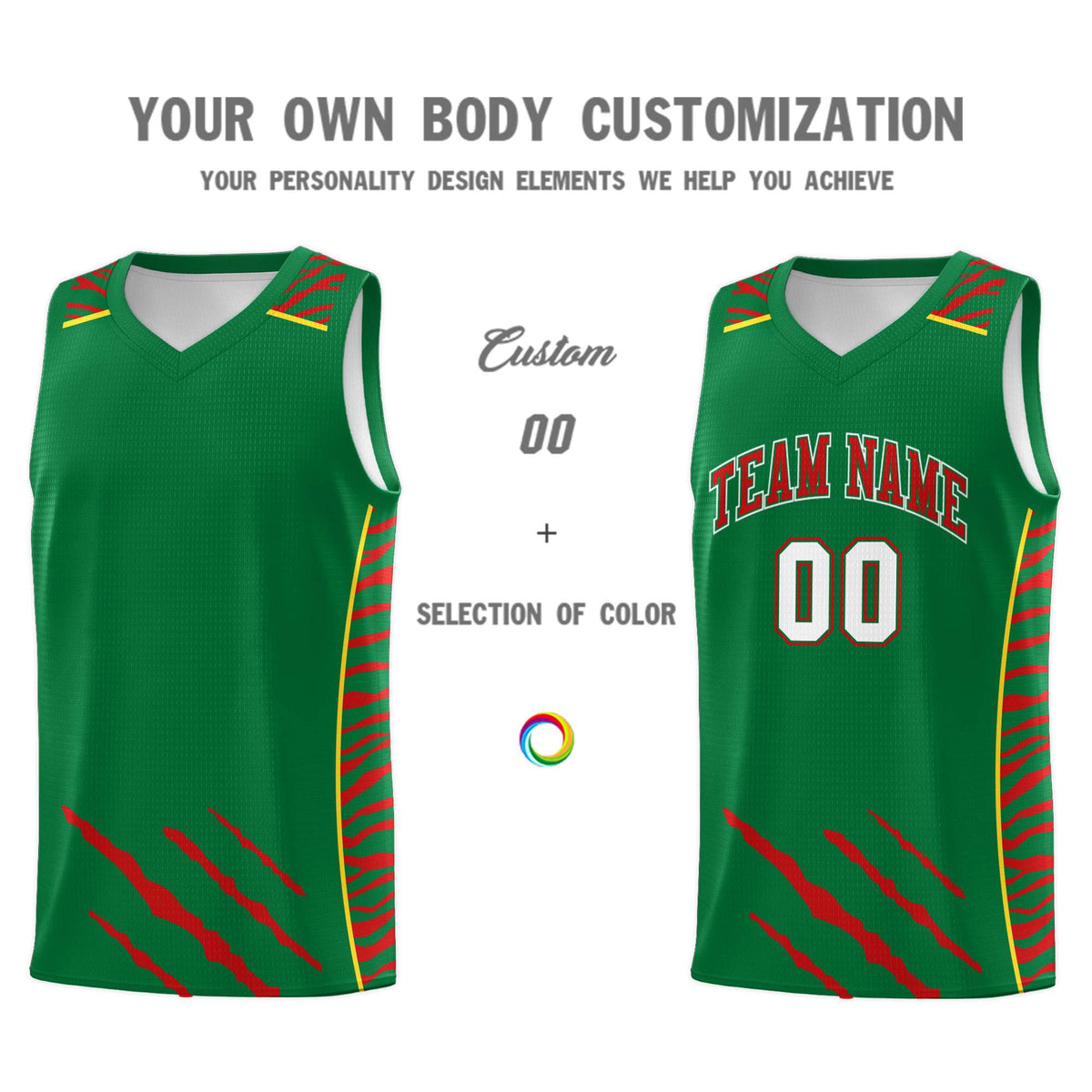 Custom Kelly Green Personalized Tiger Claw Pattern Sports Uniform Basketball Jersey