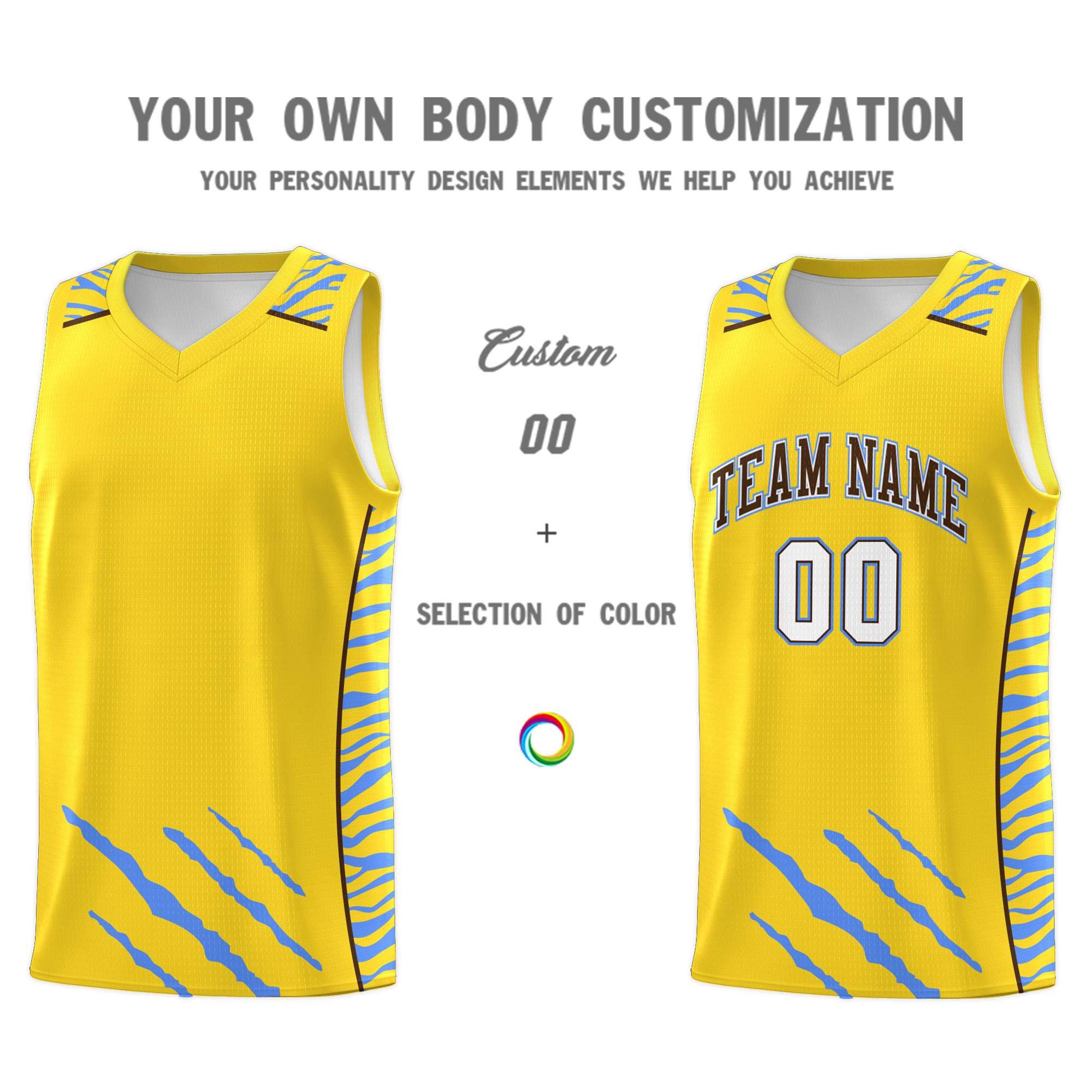 Custom Gold Personalized Tiger Claw Pattern Sports Uniform Basketball Jersey