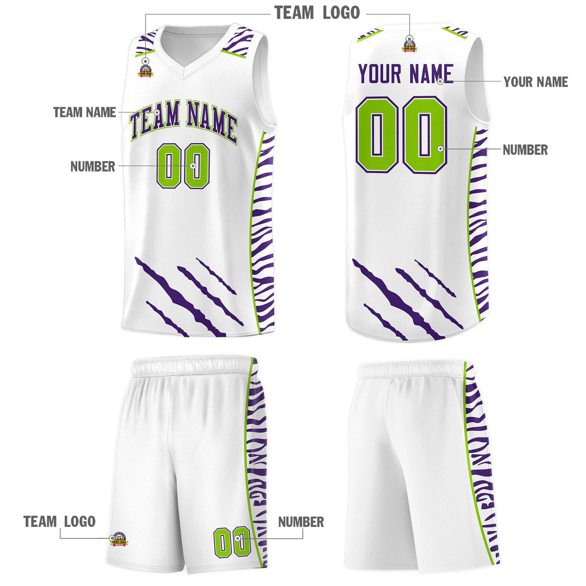 Custom White Personalized Tiger Claw Pattern Sports Uniform Basketball Jersey