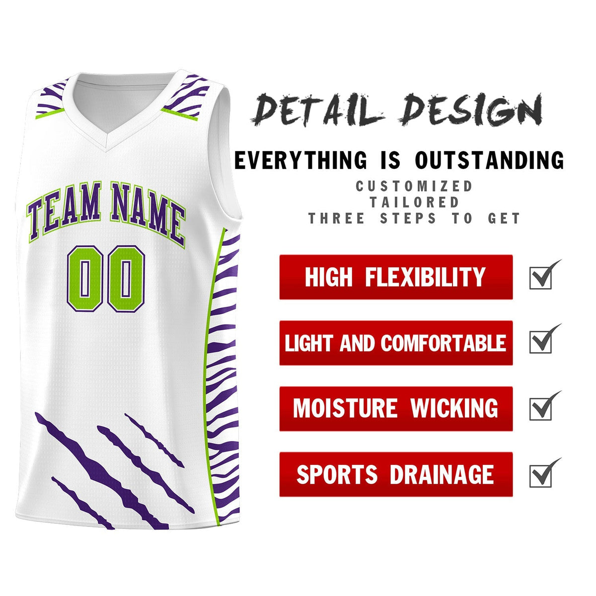 Custom White Personalized Tiger Claw Pattern Sports Uniform Basketball Jersey