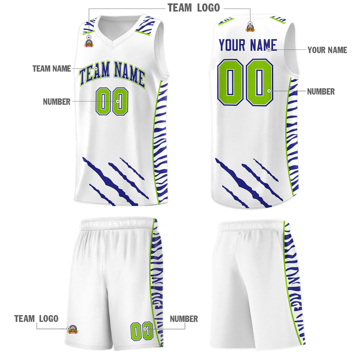 Custom White Personalized Tiger Claw Pattern Sports Uniform Basketball Jersey