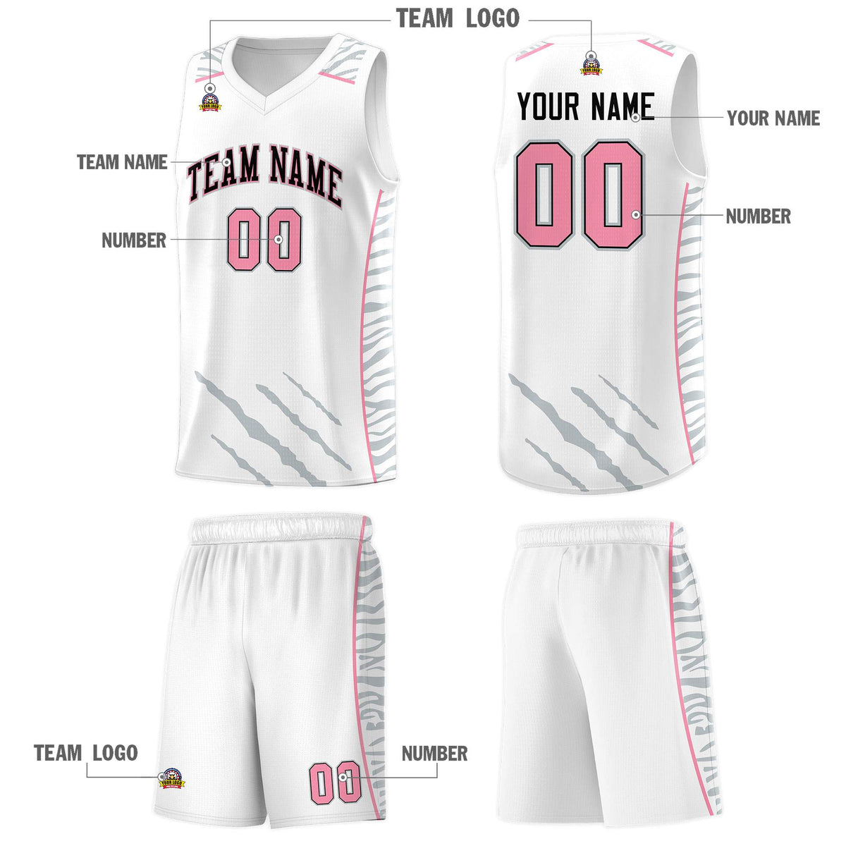 Custom White Personalized Tiger Claw Pattern Sports Uniform Basketball Jersey