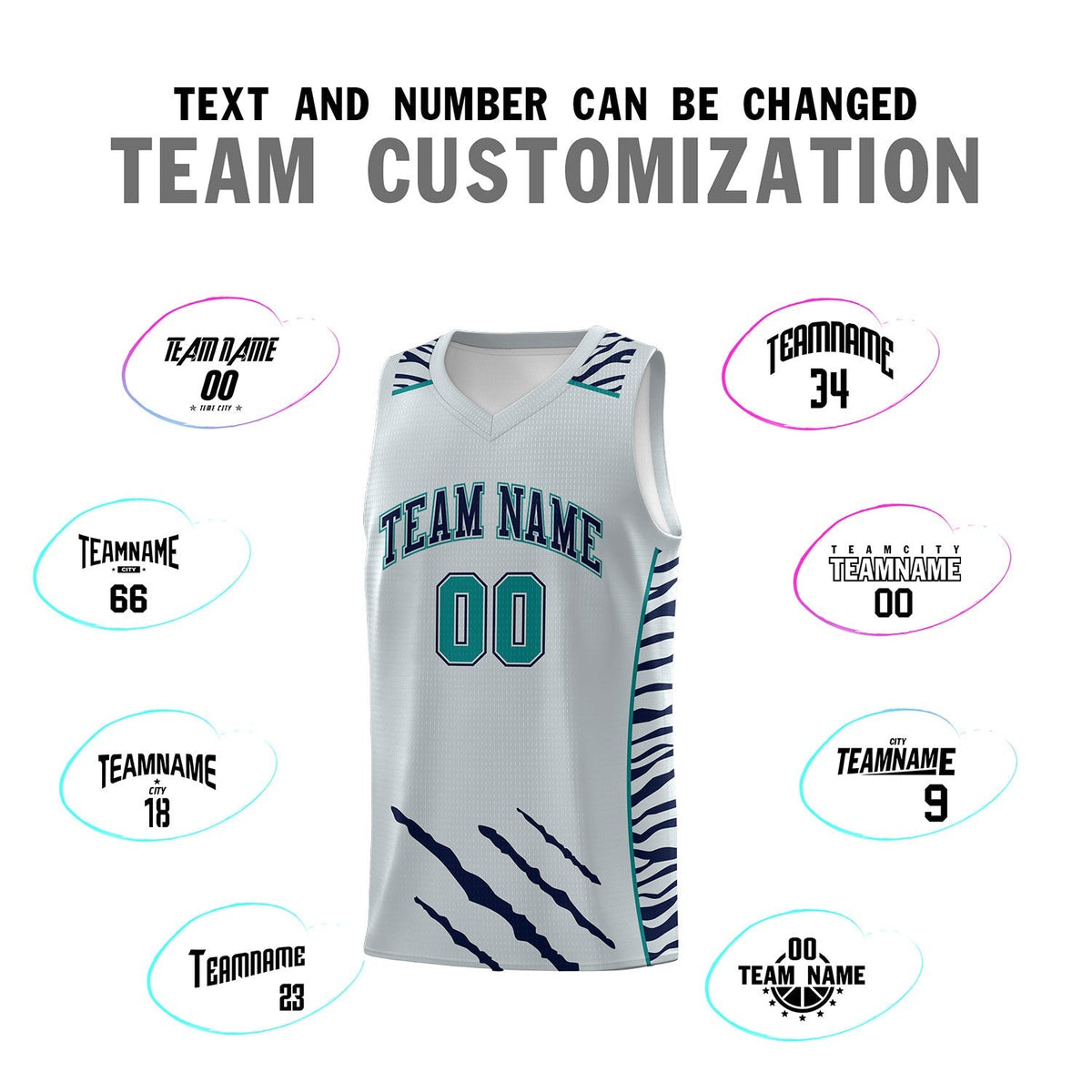 Custom Silver Personalized Tiger Claw Pattern Sports Uniform Basketball Jersey
