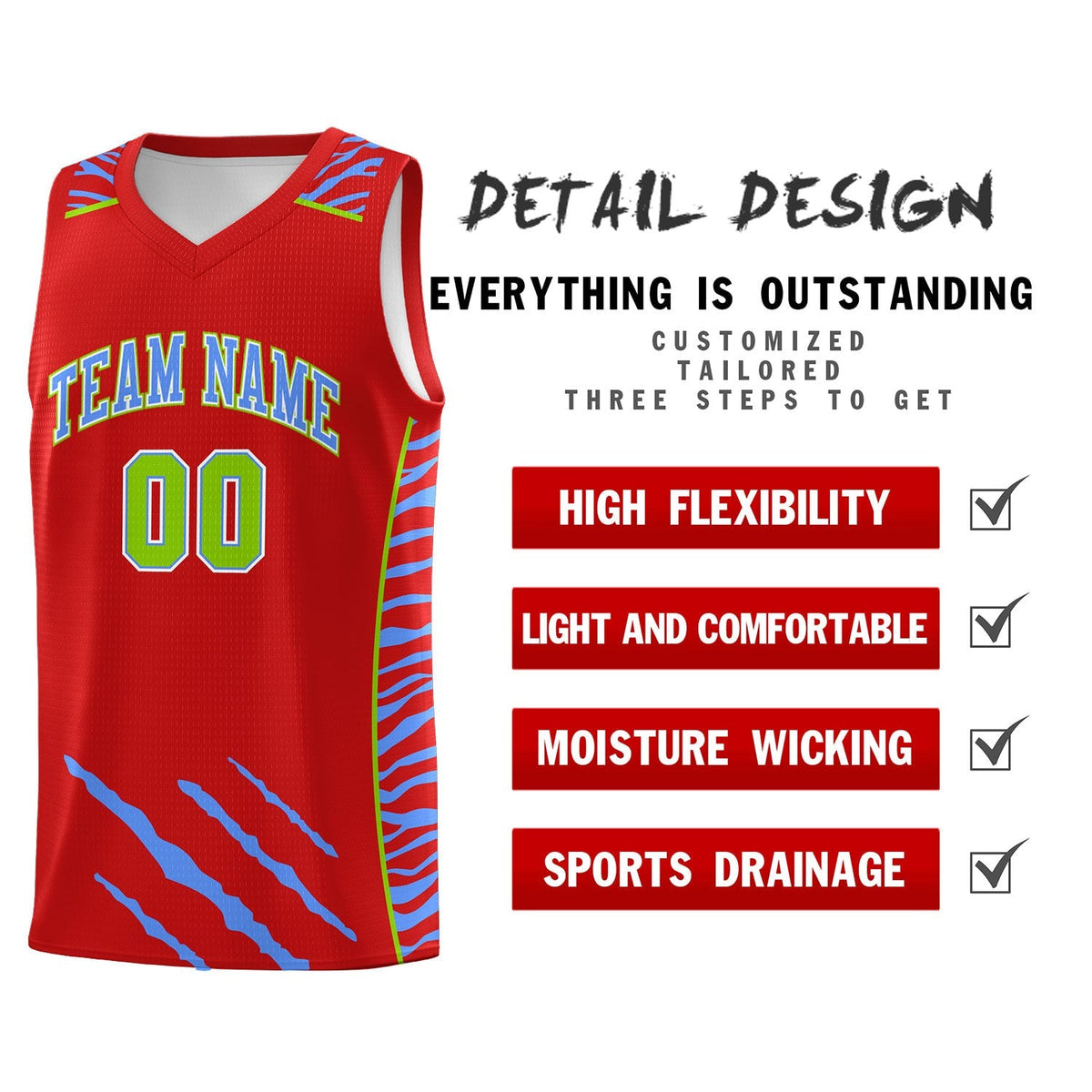 Custom Red Personalized Tiger Claw Pattern Sports Uniform Basketball Jersey
