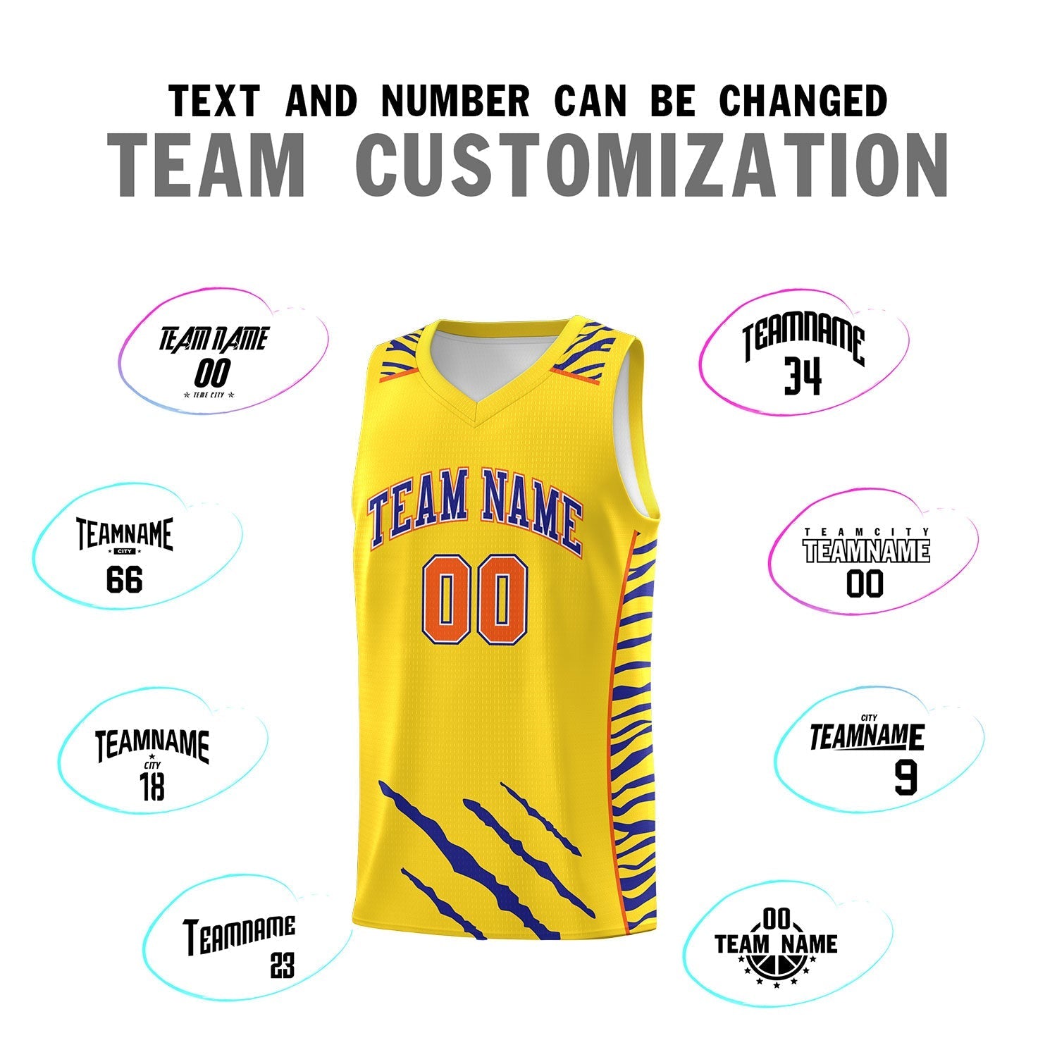 Custom Gold Personalized Tiger Claw Pattern Sports Uniform Basketball Jersey