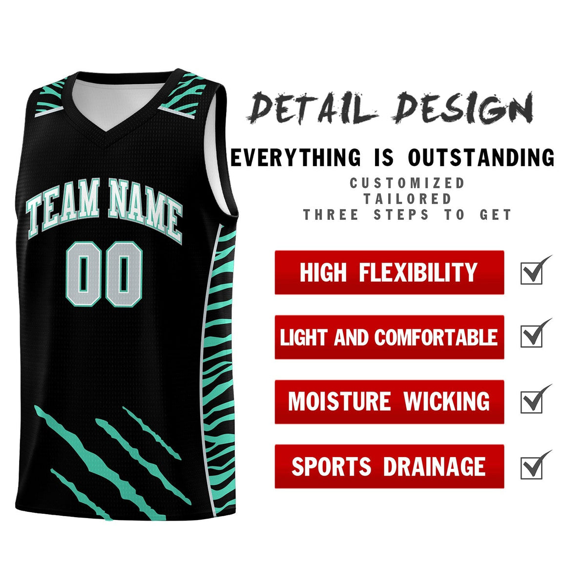 Custom Black Personalized Tiger Claw Pattern Sports Uniform Basketball Jersey