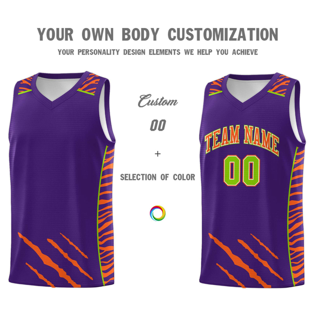 Custom Purple Personalized Tiger Claw Pattern Sports Uniform Basketball Jersey