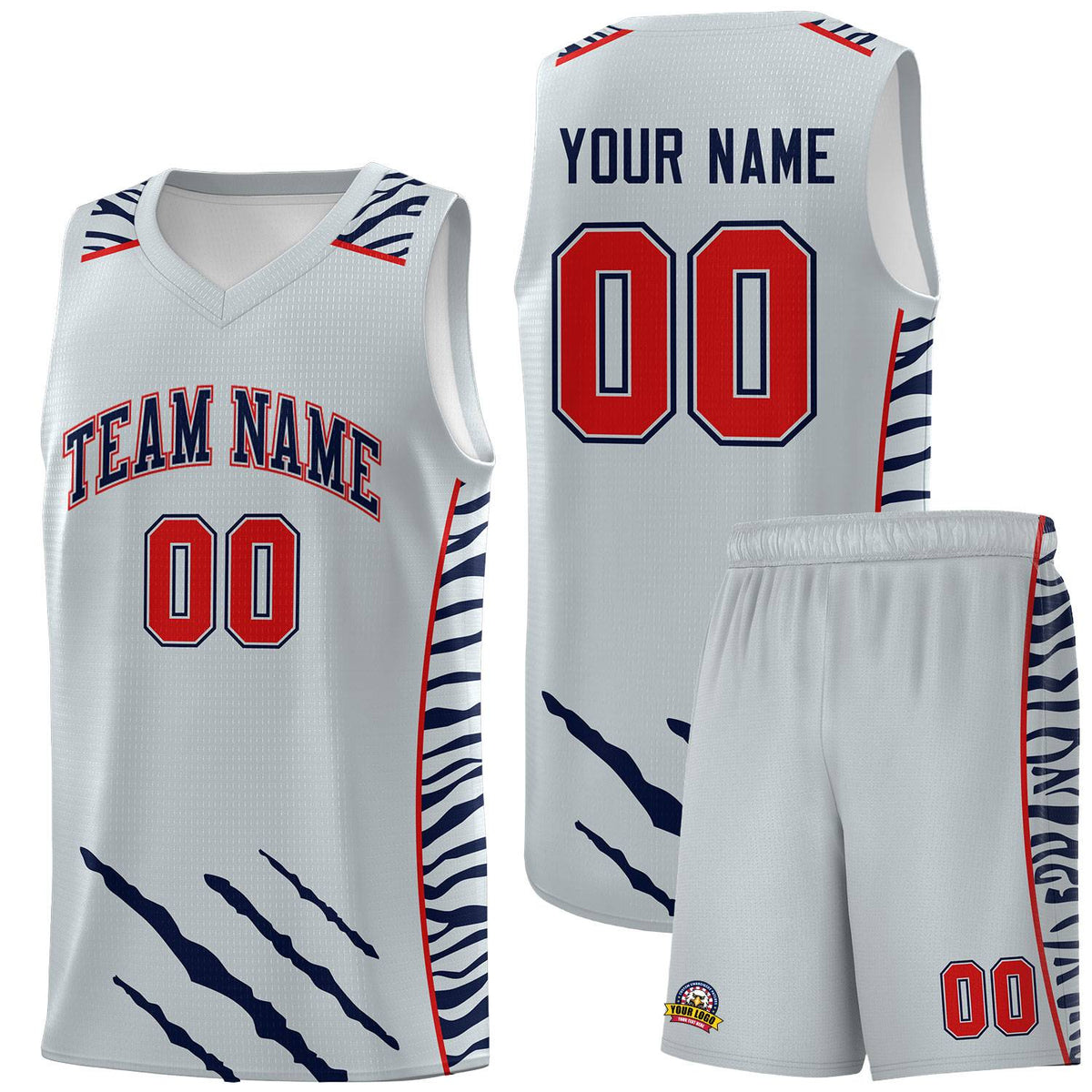 Custom Silver Personalized Tiger Claw Pattern Sports Uniform Basketball Jersey