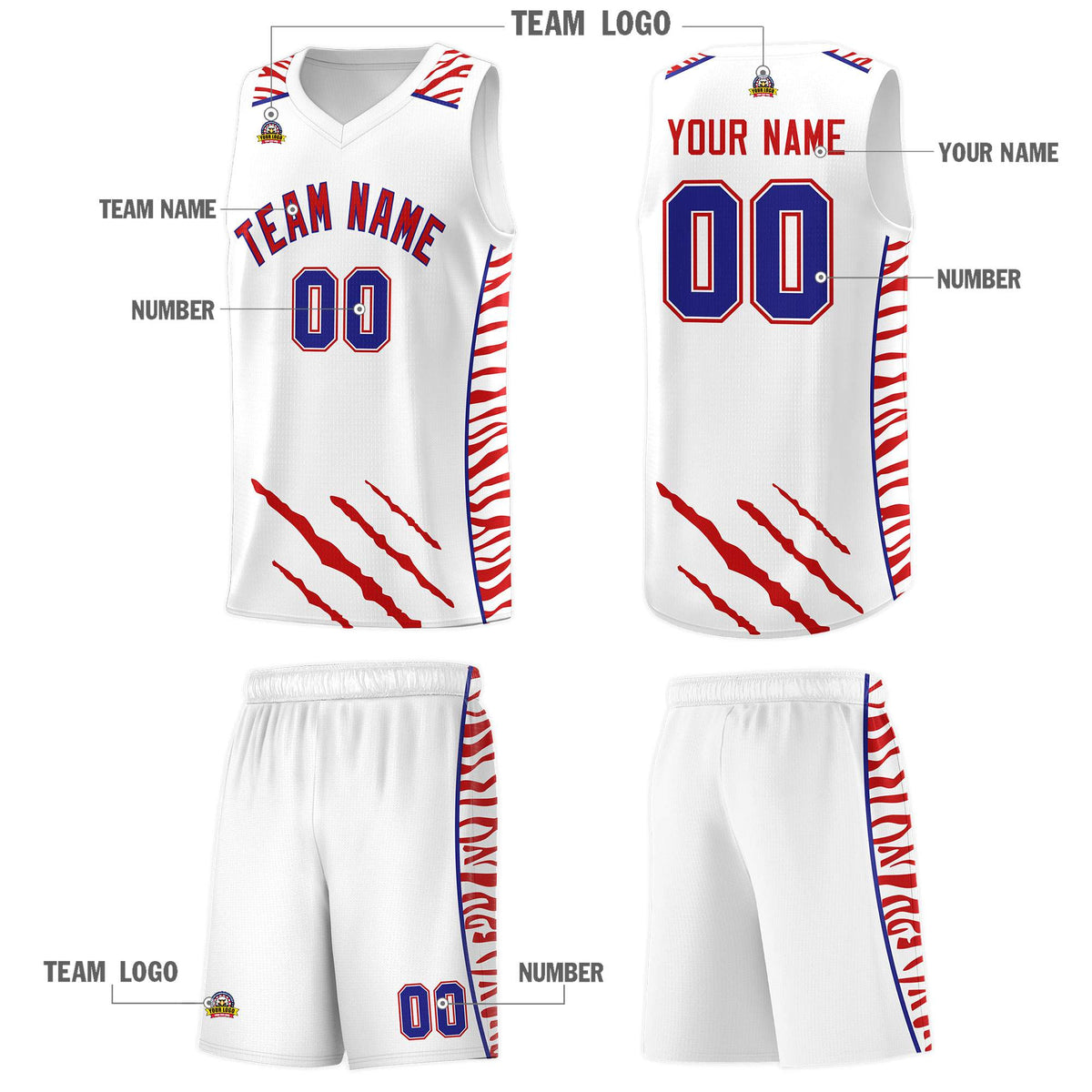 Custom White Personalized Tiger Claw Pattern Sports Uniform Basketball Jersey
