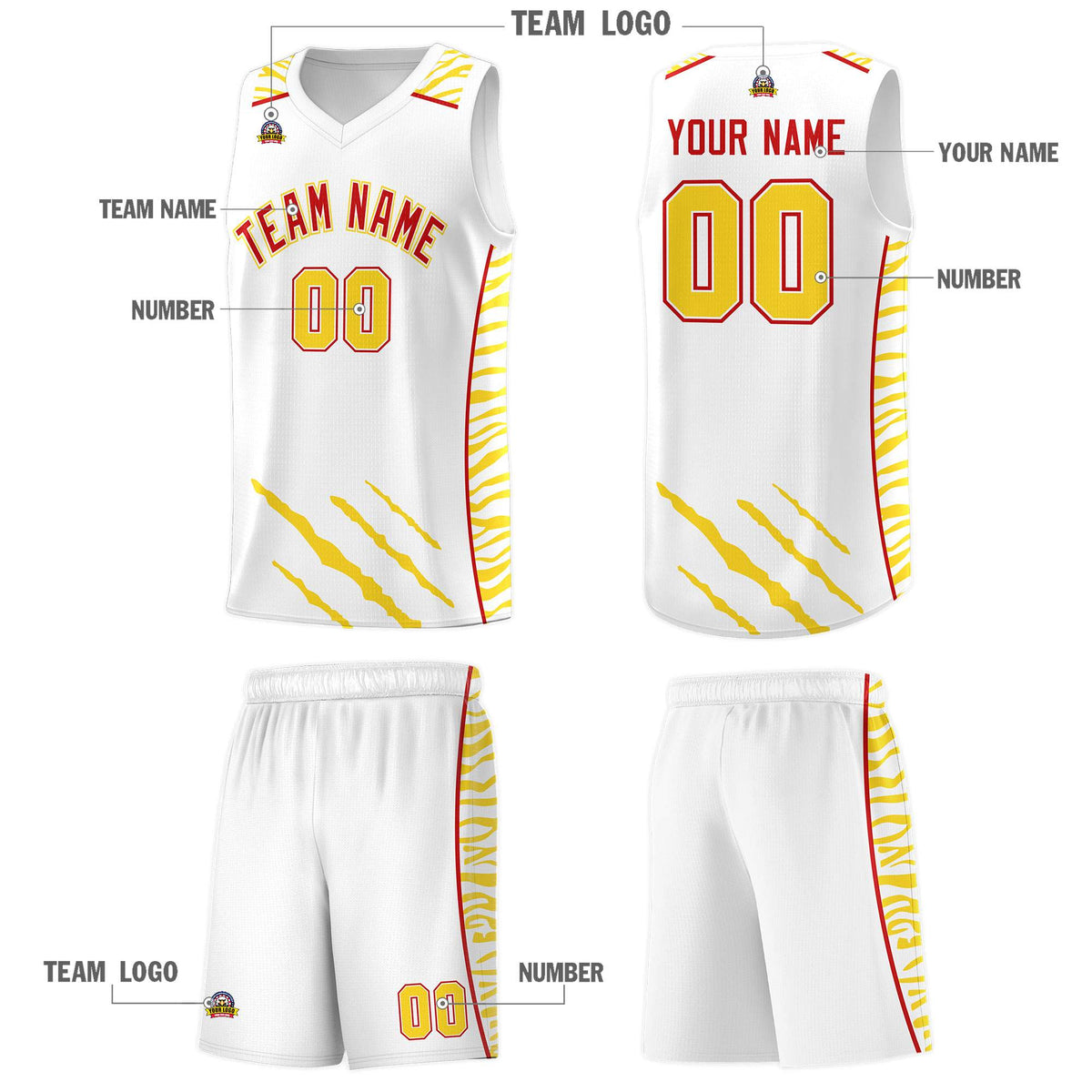 Custom White Personalized Tiger Claw Pattern Sports Uniform Basketball Jersey