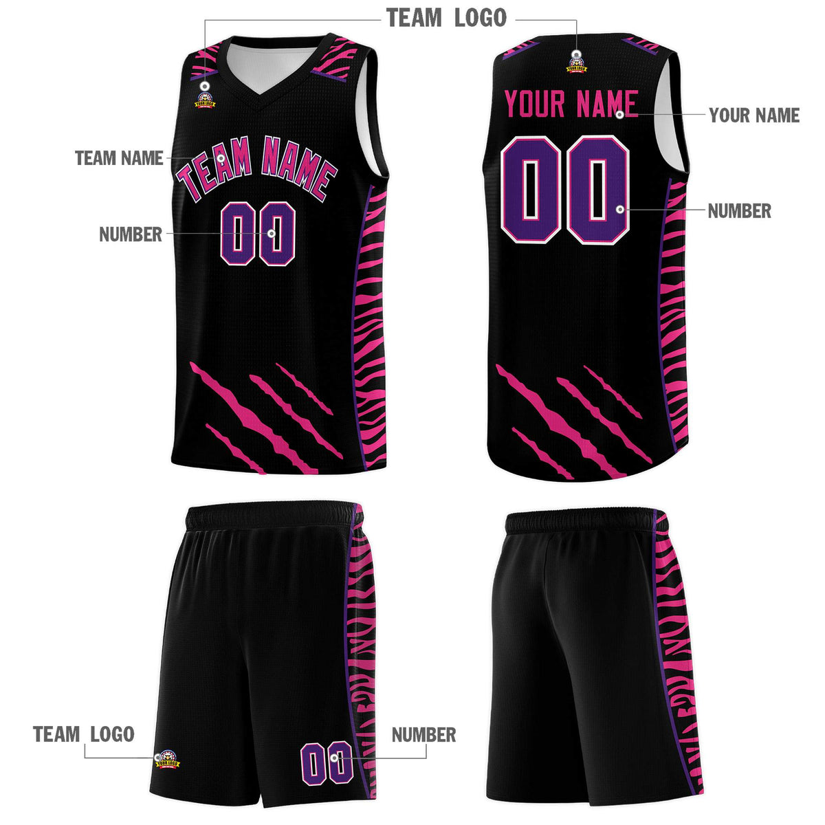Custom Black Personalized Tiger Claw Pattern Sports Uniform Basketball Jersey