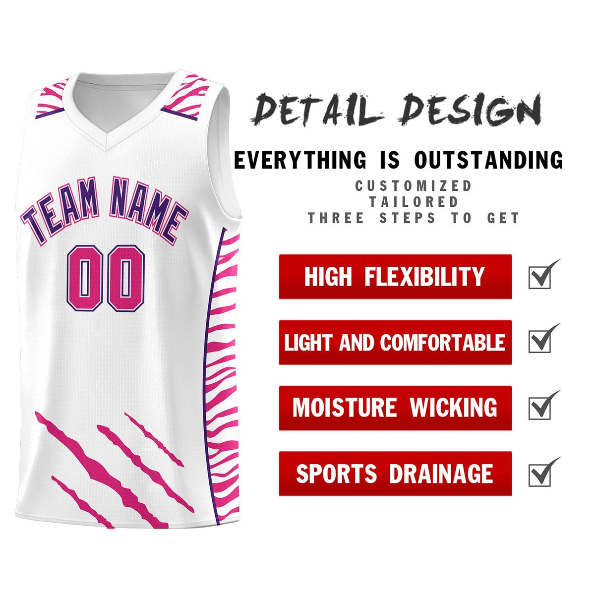 Custom White Personalized Tiger Claw Pattern Sports Uniform Basketball Jersey