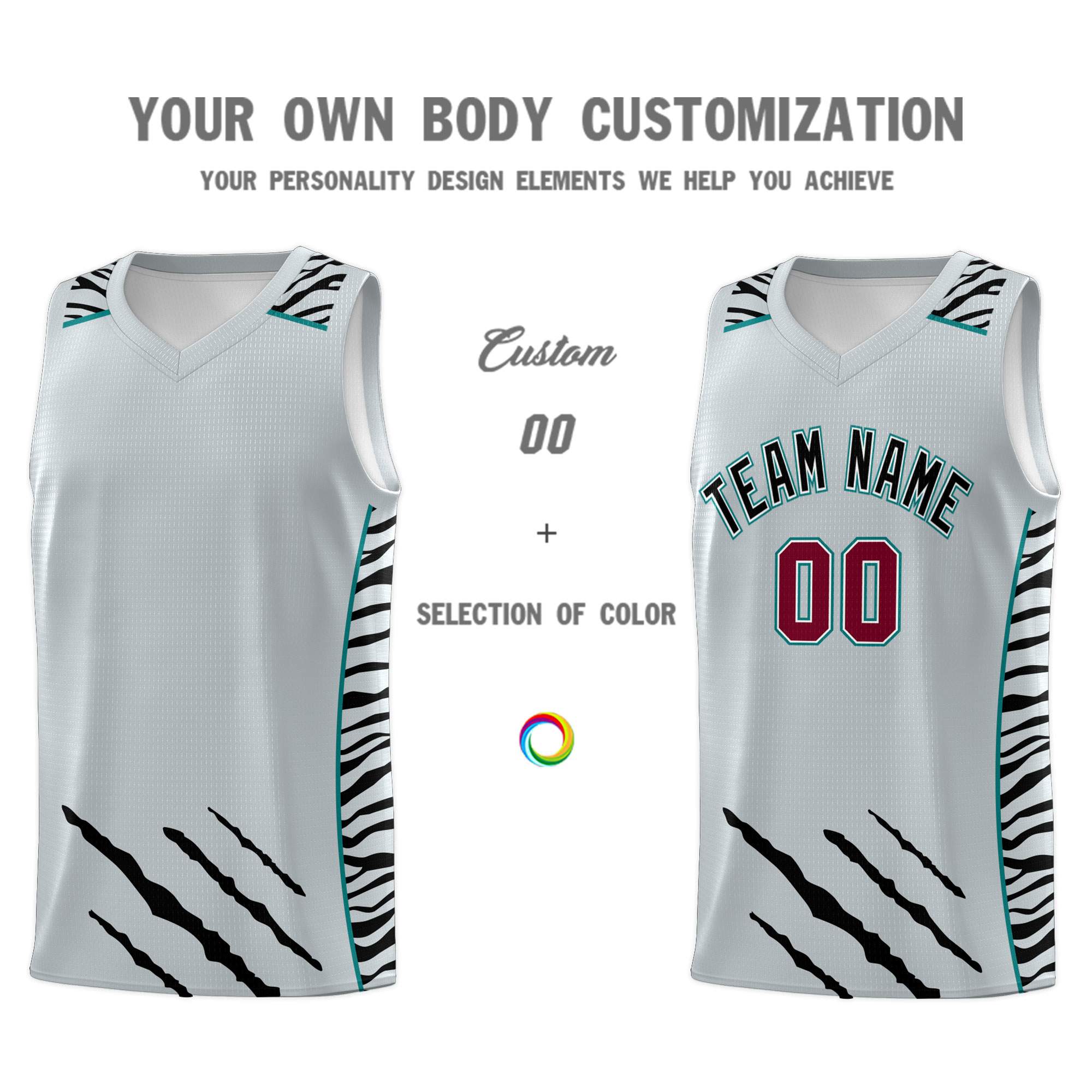 Custom Silver Personalized Tiger Claw Pattern Sports Uniform Basketball Jersey