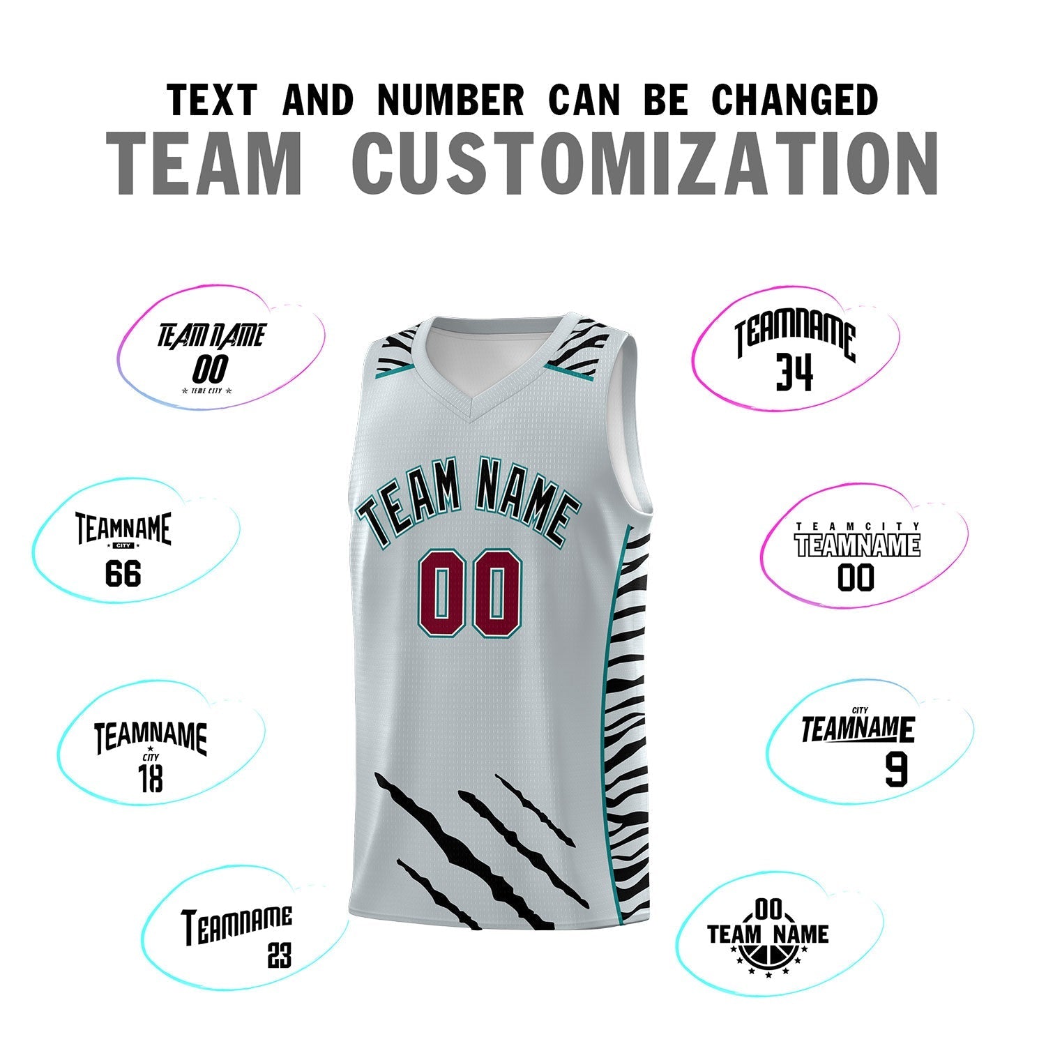 Custom Silver Personalized Tiger Claw Pattern Sports Uniform Basketball Jersey