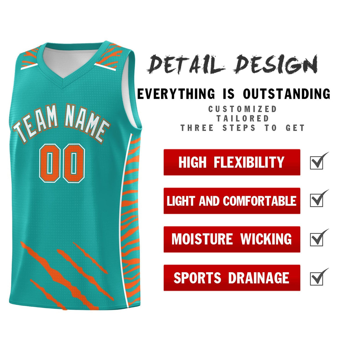 Custom Aqua Personalized Tiger Claw Pattern Sports Uniform Basketball Jersey