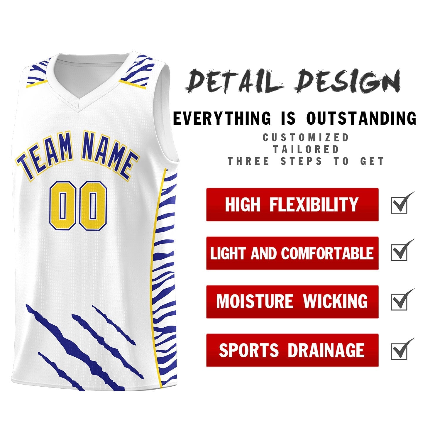 Custom White Personalized Tiger Claw Pattern Sports Uniform Basketball Jersey