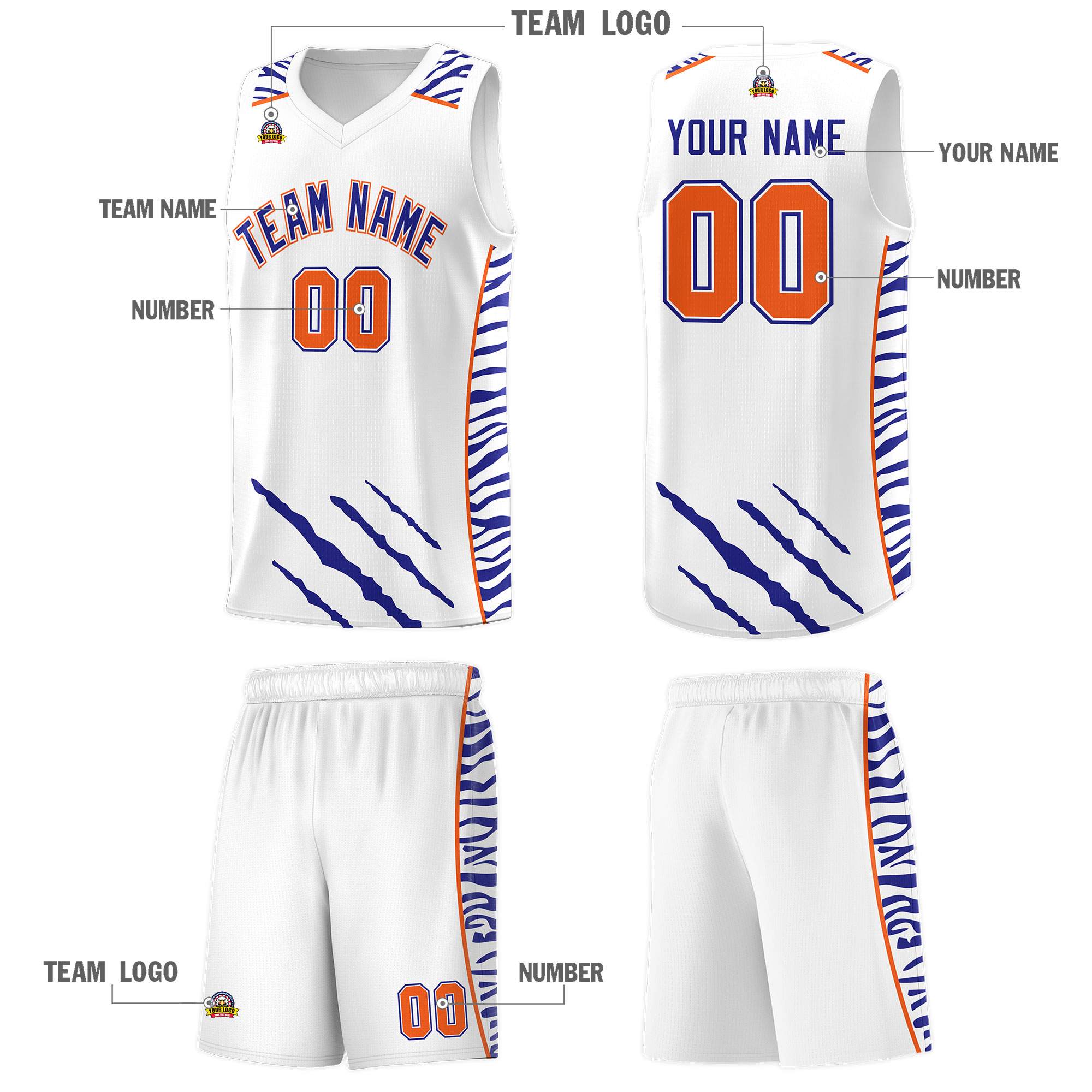 Custom White Personalized Tiger Claw Pattern Sports Uniform Basketball Jersey