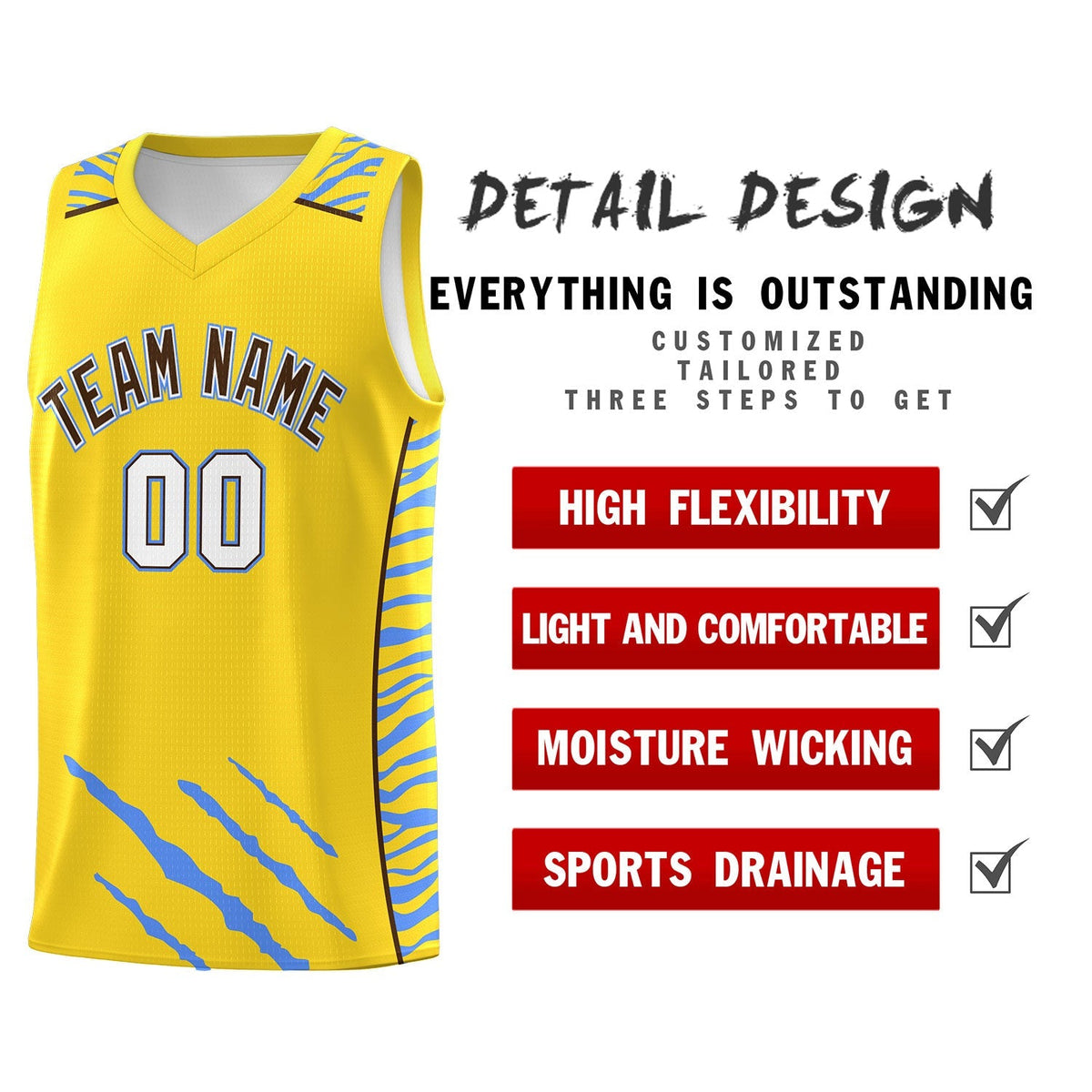 Custom Gold Personalized Tiger Claw Pattern Sports Uniform Basketball Jersey