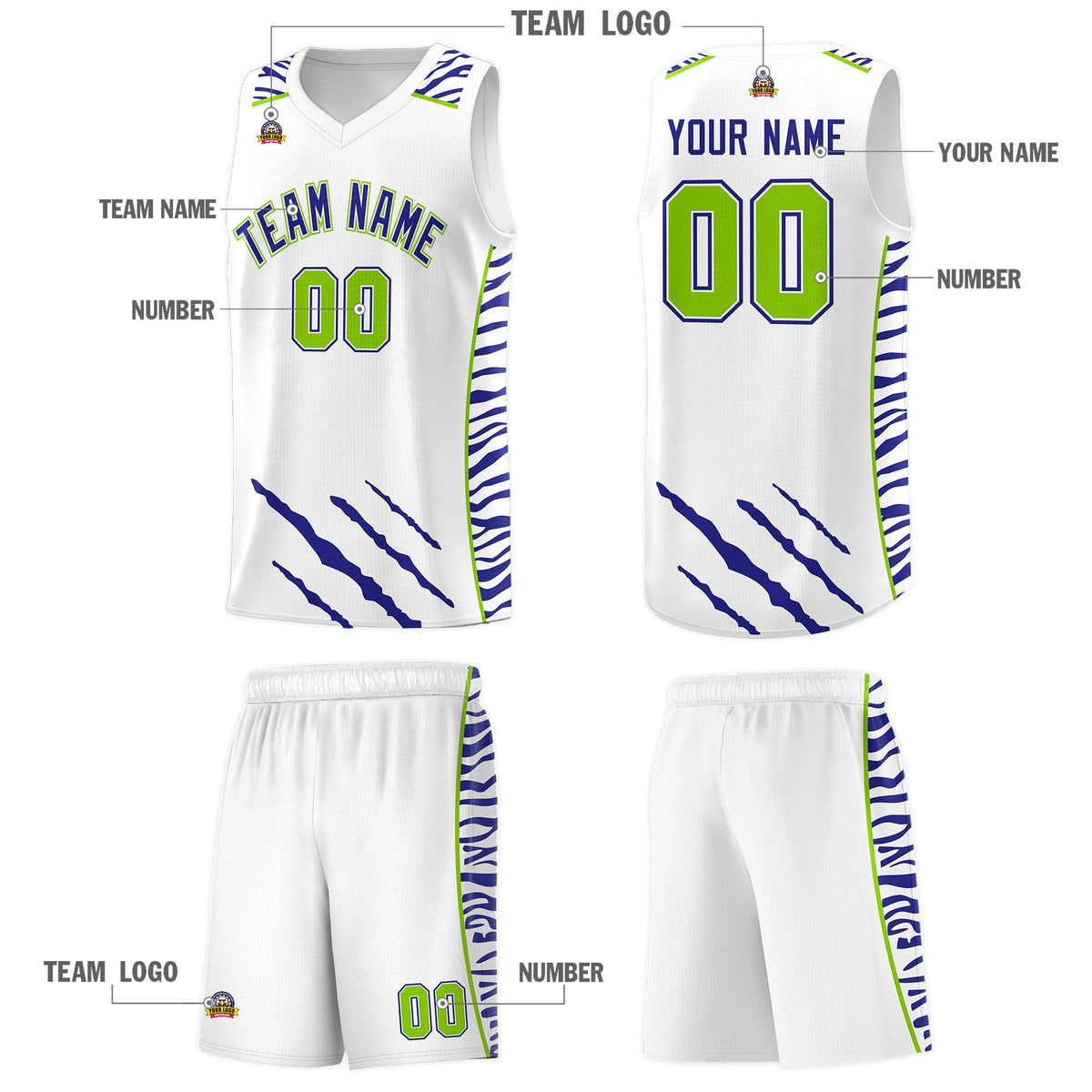 Custom White Personalized Tiger Claw Pattern Sports Uniform Basketball Jersey