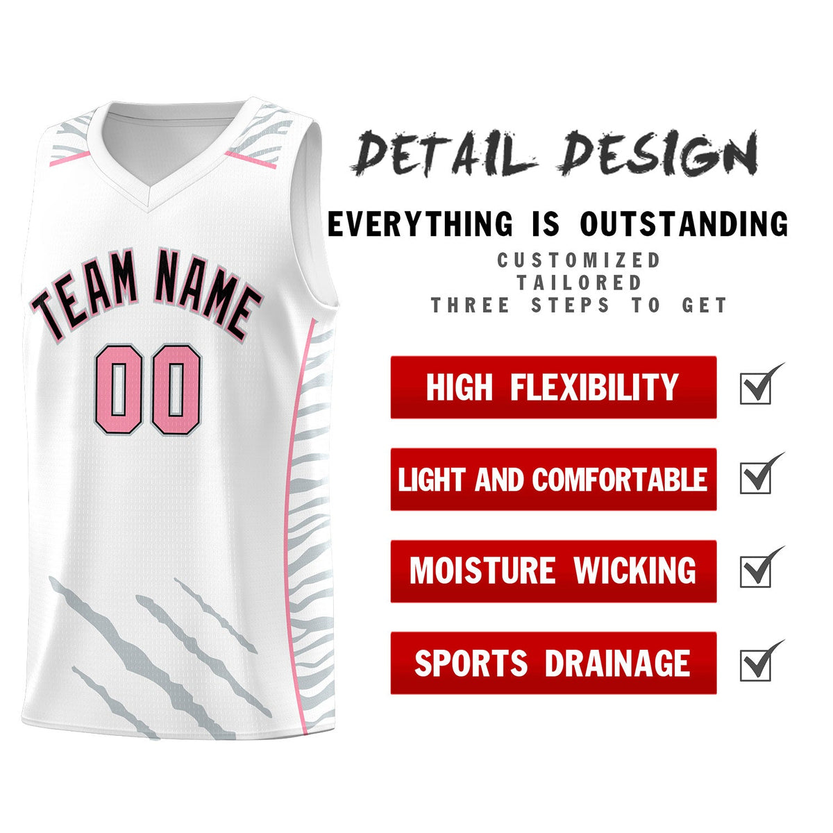 Custom White Personalized Tiger Claw Pattern Sports Uniform Basketball Jersey