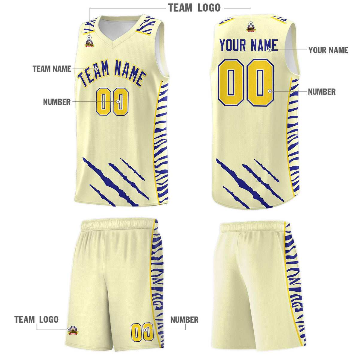 Custom Cream Personalized Tiger Claw Pattern Sports Uniform Basketball Jersey