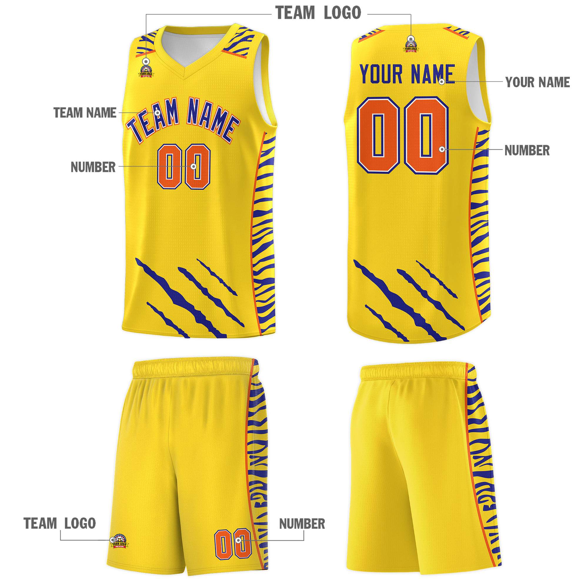 Custom Gold Personalized Tiger Claw Pattern Sports Uniform Basketball Jersey
