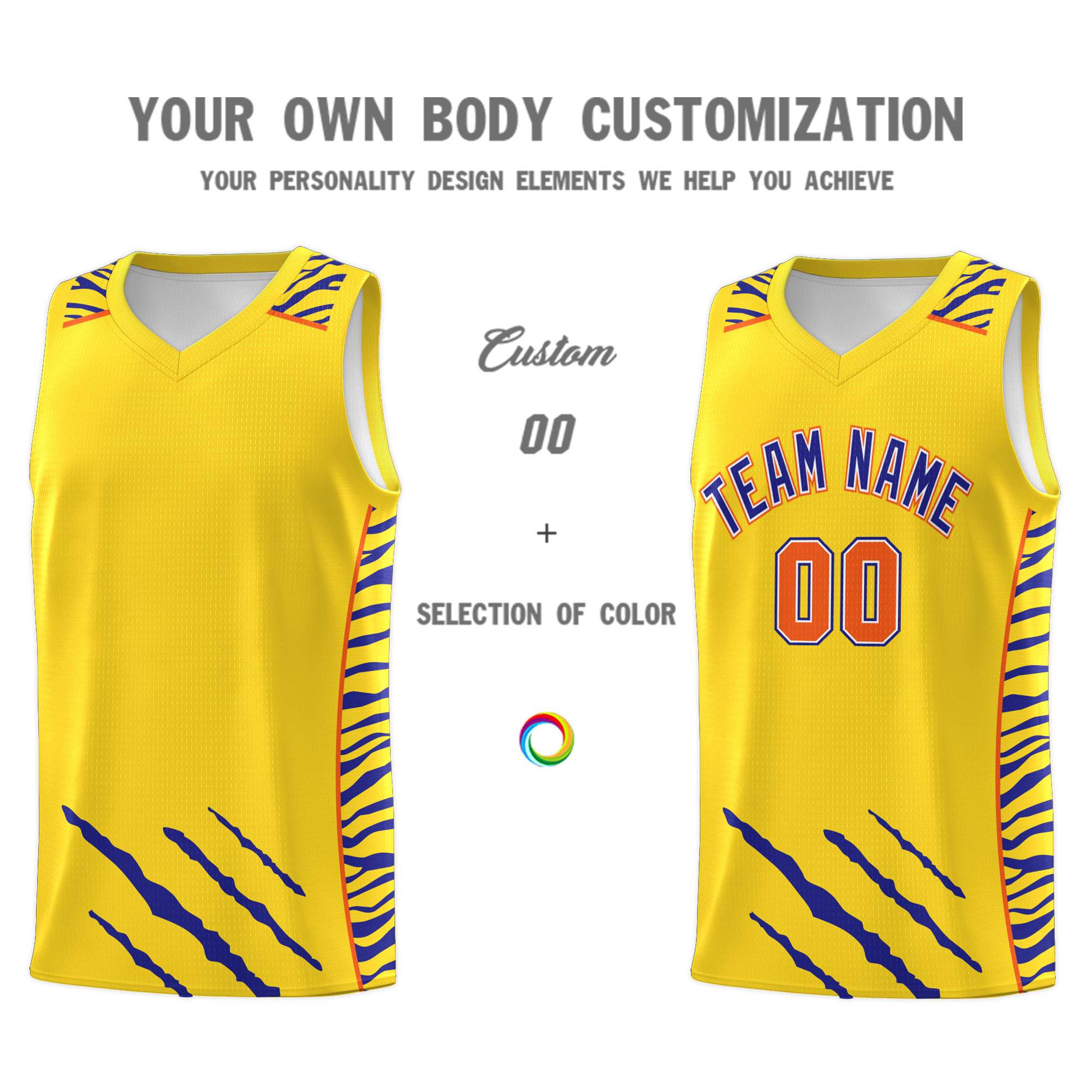 Custom Gold Personalized Tiger Claw Pattern Sports Uniform Basketball Jersey