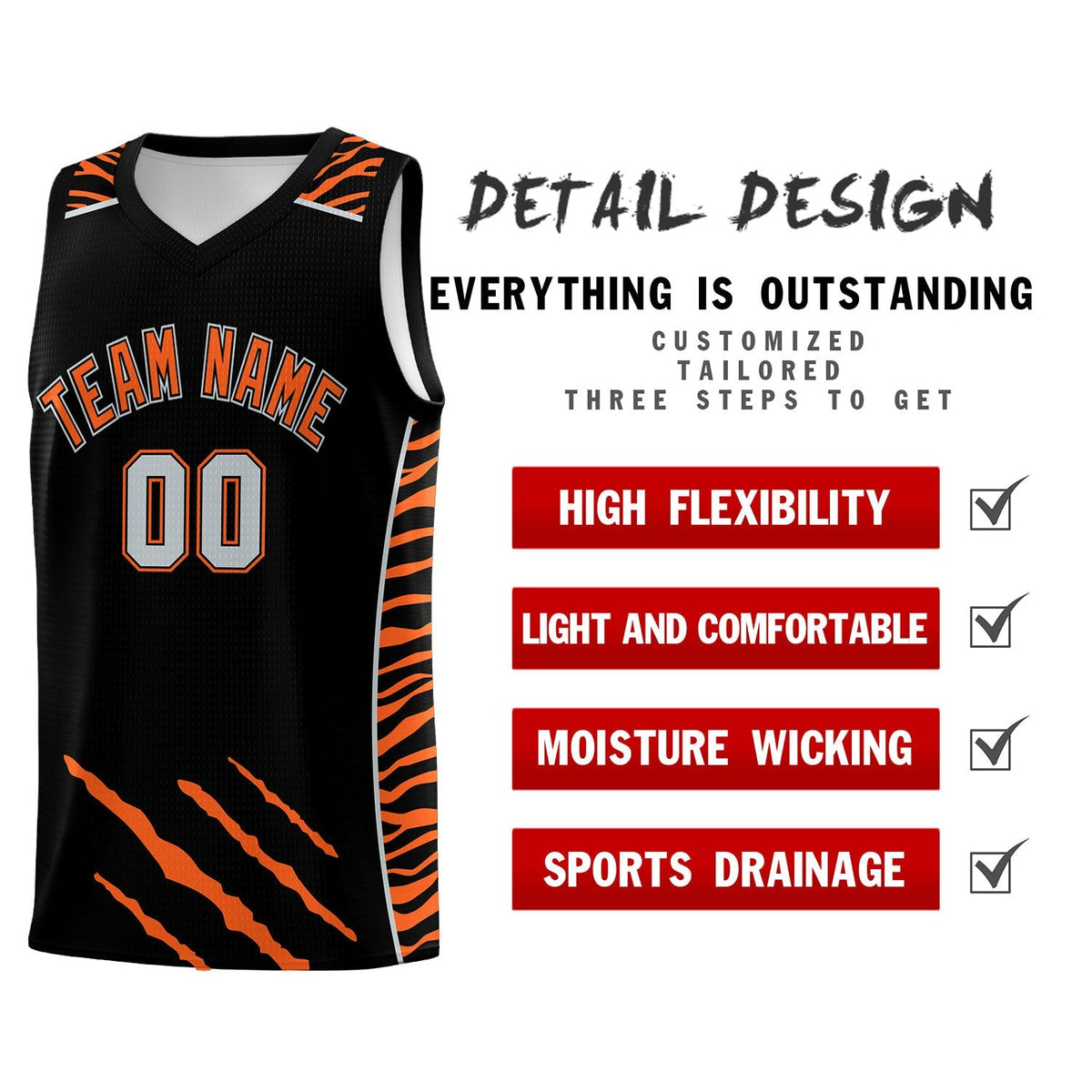 Custom Black Personalized Tiger Claw Pattern Sports Uniform Basketball Jersey