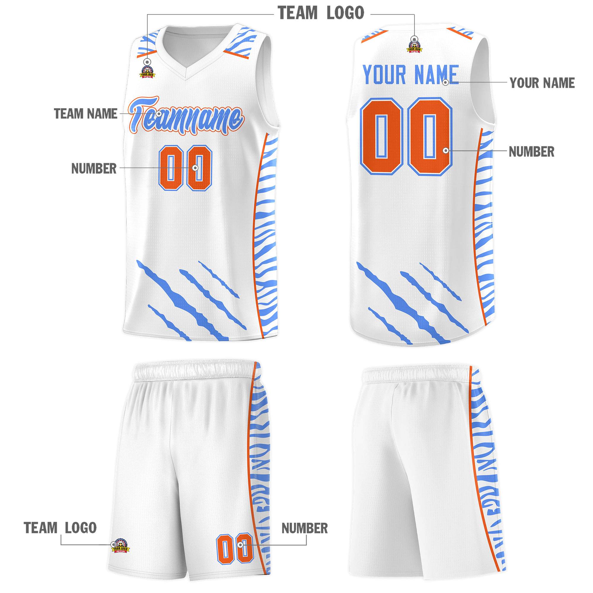 Custom White Personalized Tiger Claw Pattern Sports Uniform Basketball Jersey