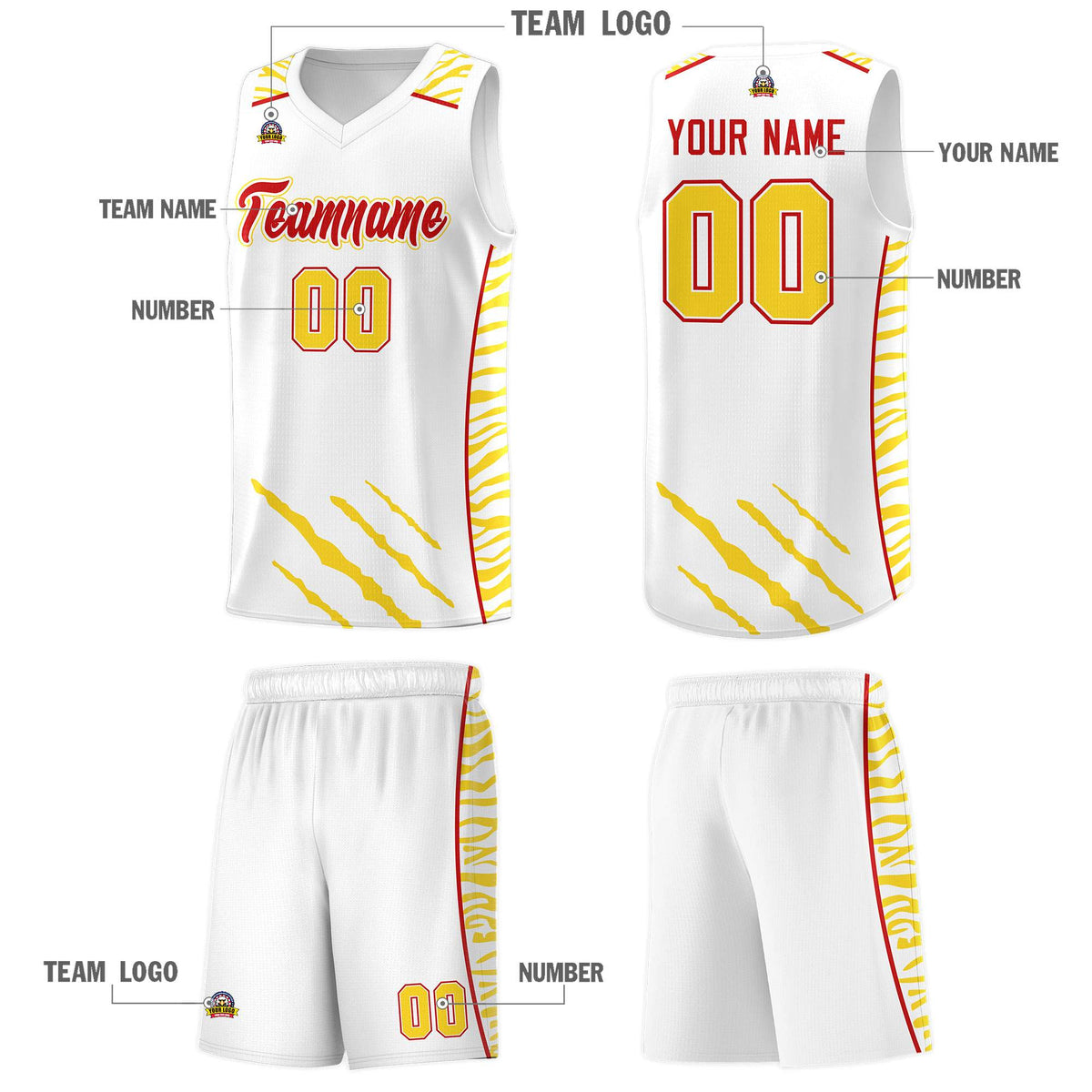 Custom White Personalized Tiger Claw Pattern Sports Uniform Basketball Jersey