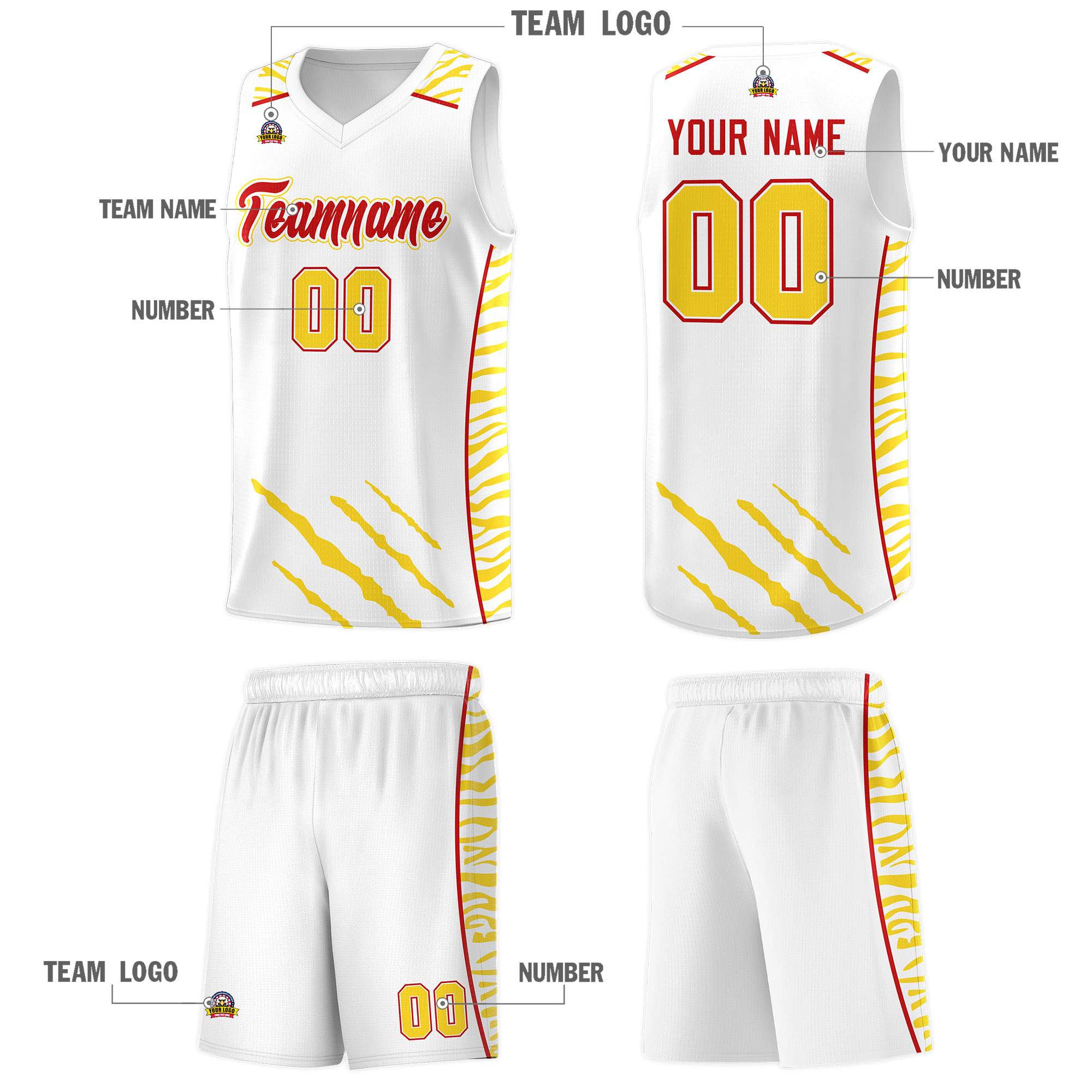 Custom White Personalized Tiger Claw Pattern Sports Uniform Basketball Jersey