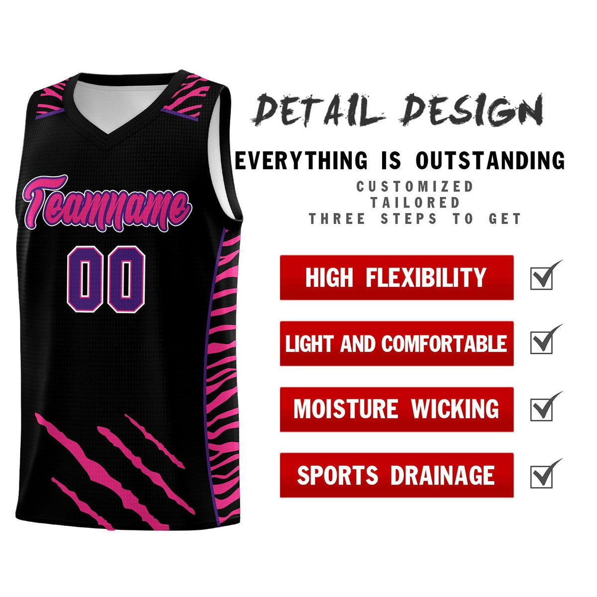 Custom Black Personalized Tiger Claw Pattern Sports Uniform Basketball Jersey