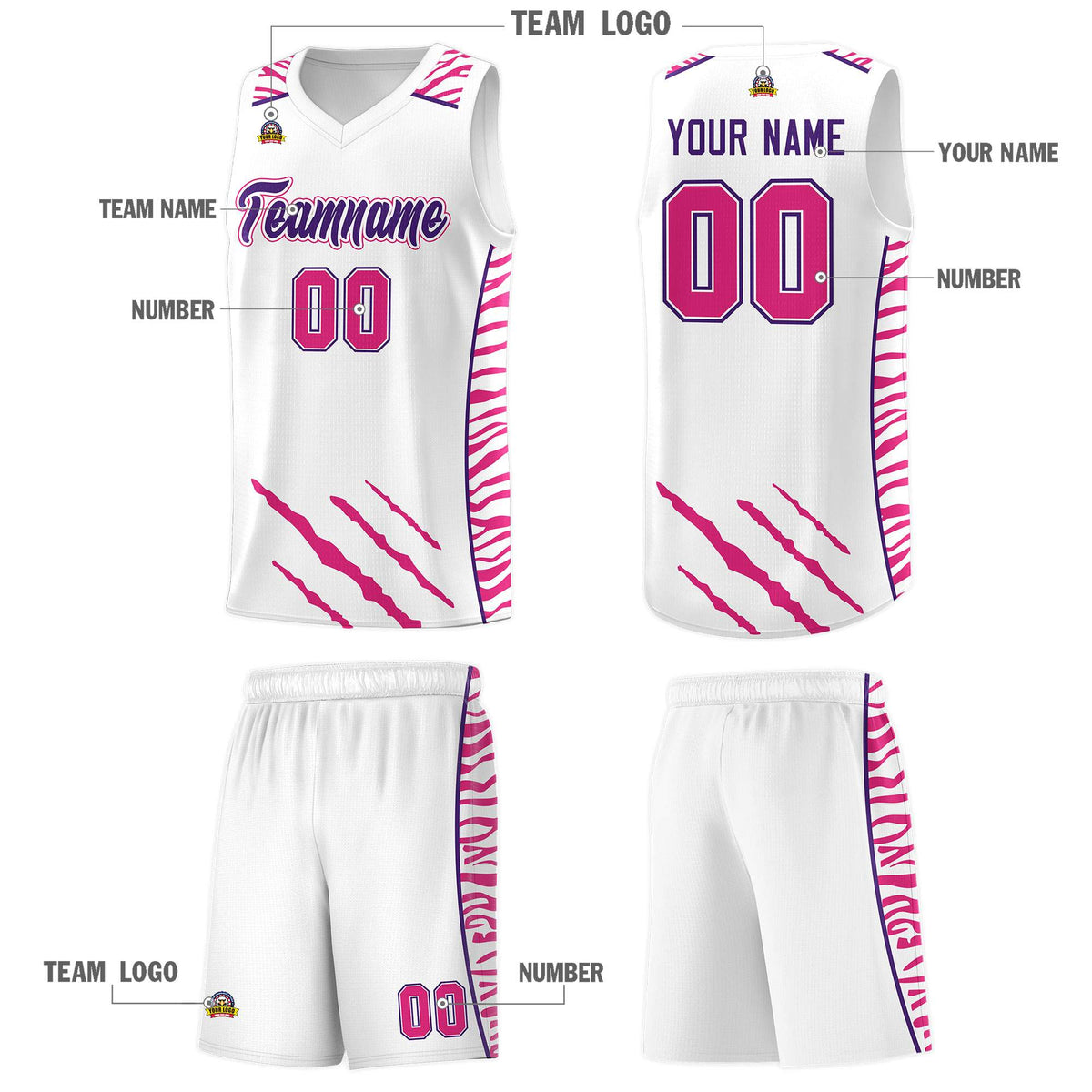 Custom White Personalized Tiger Claw Pattern Sports Uniform Basketball Jersey