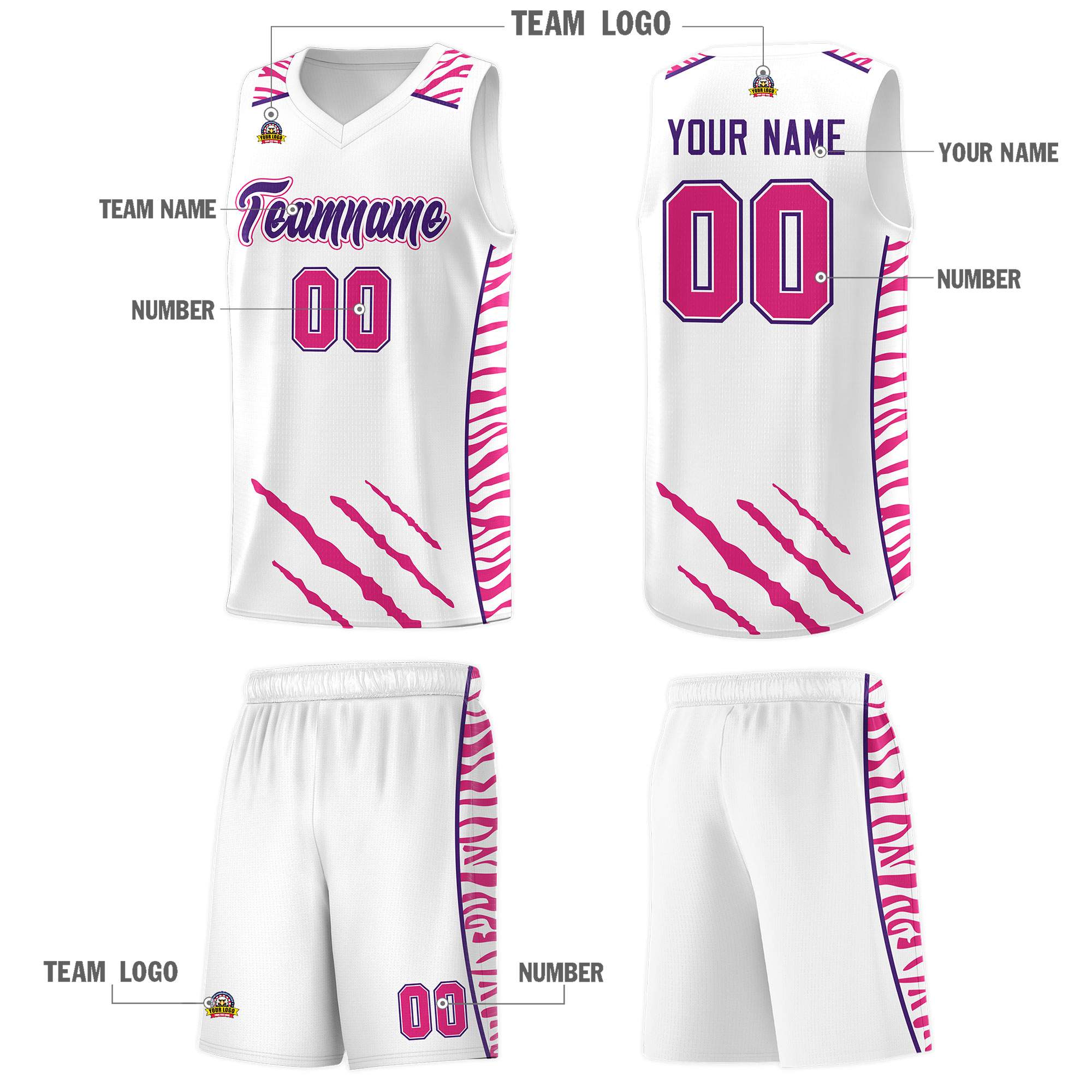 Custom White Personalized Tiger Claw Pattern Sports Uniform Basketball Jersey