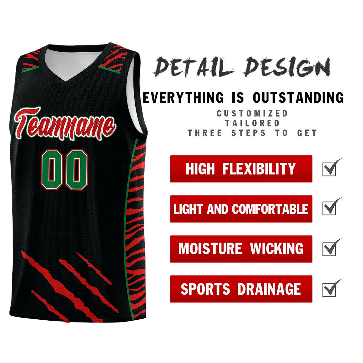 Custom Black Personalized Tiger Claw Pattern Sports Uniform Basketball Jersey