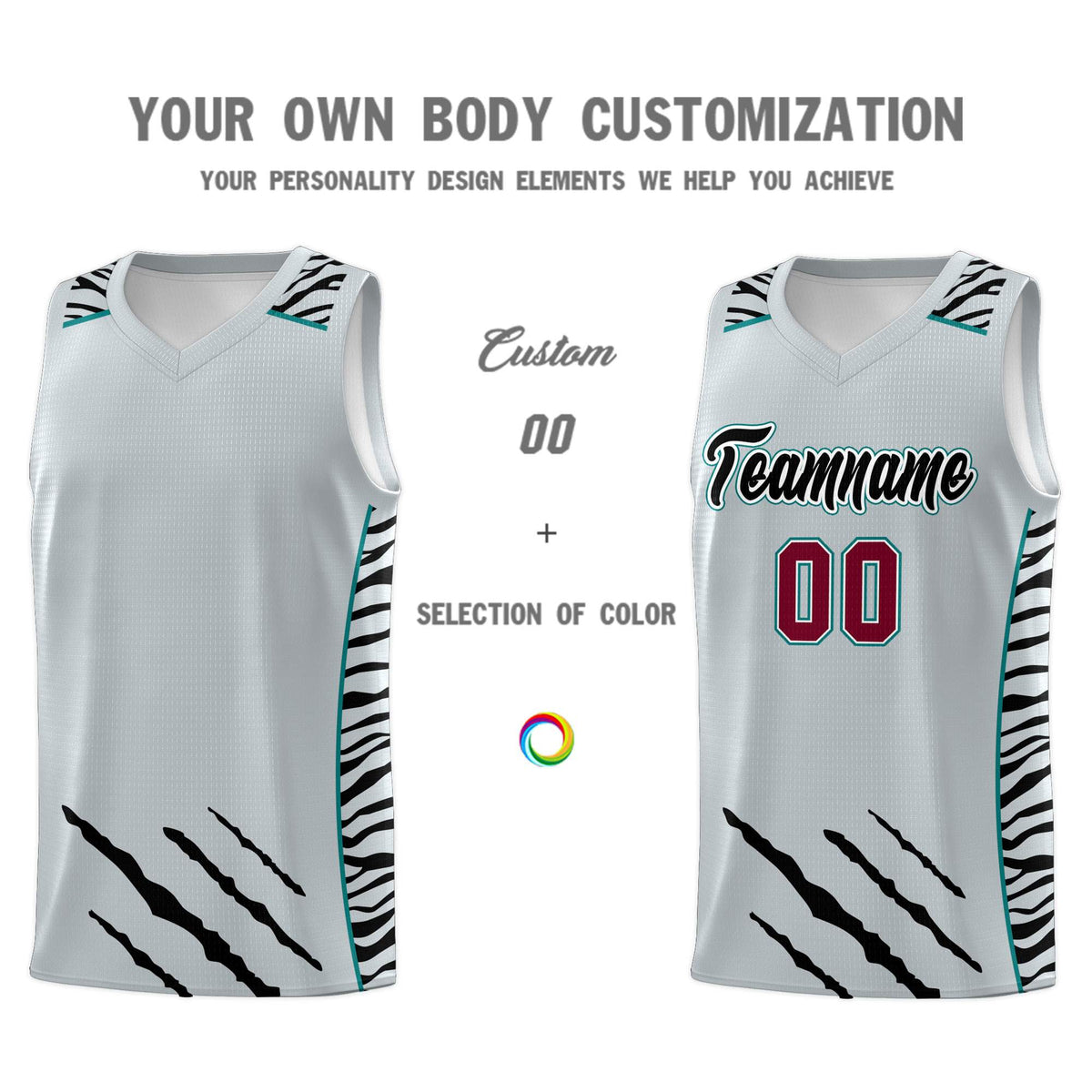 Custom Silver Personalized Tiger Claw Pattern Sports Uniform Basketball Jersey