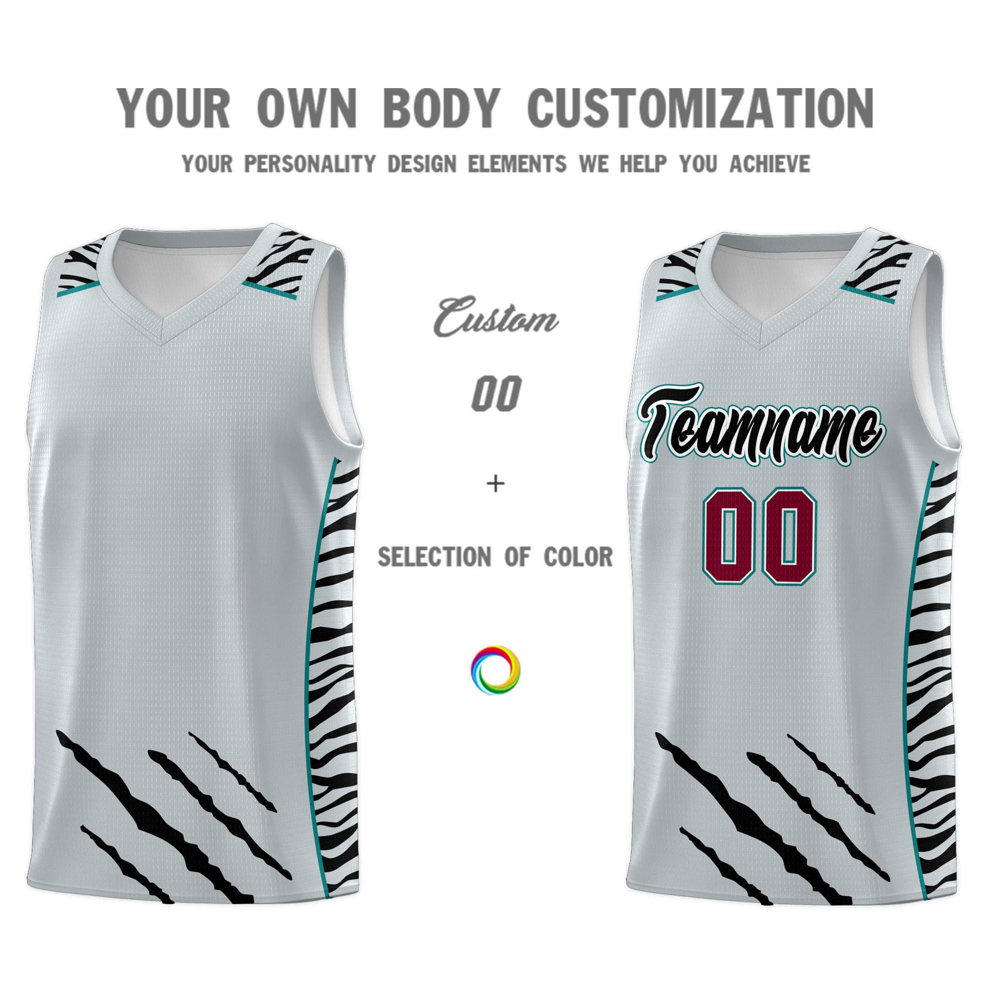 Custom Silver Personalized Tiger Claw Pattern Sports Uniform Basketball Jersey