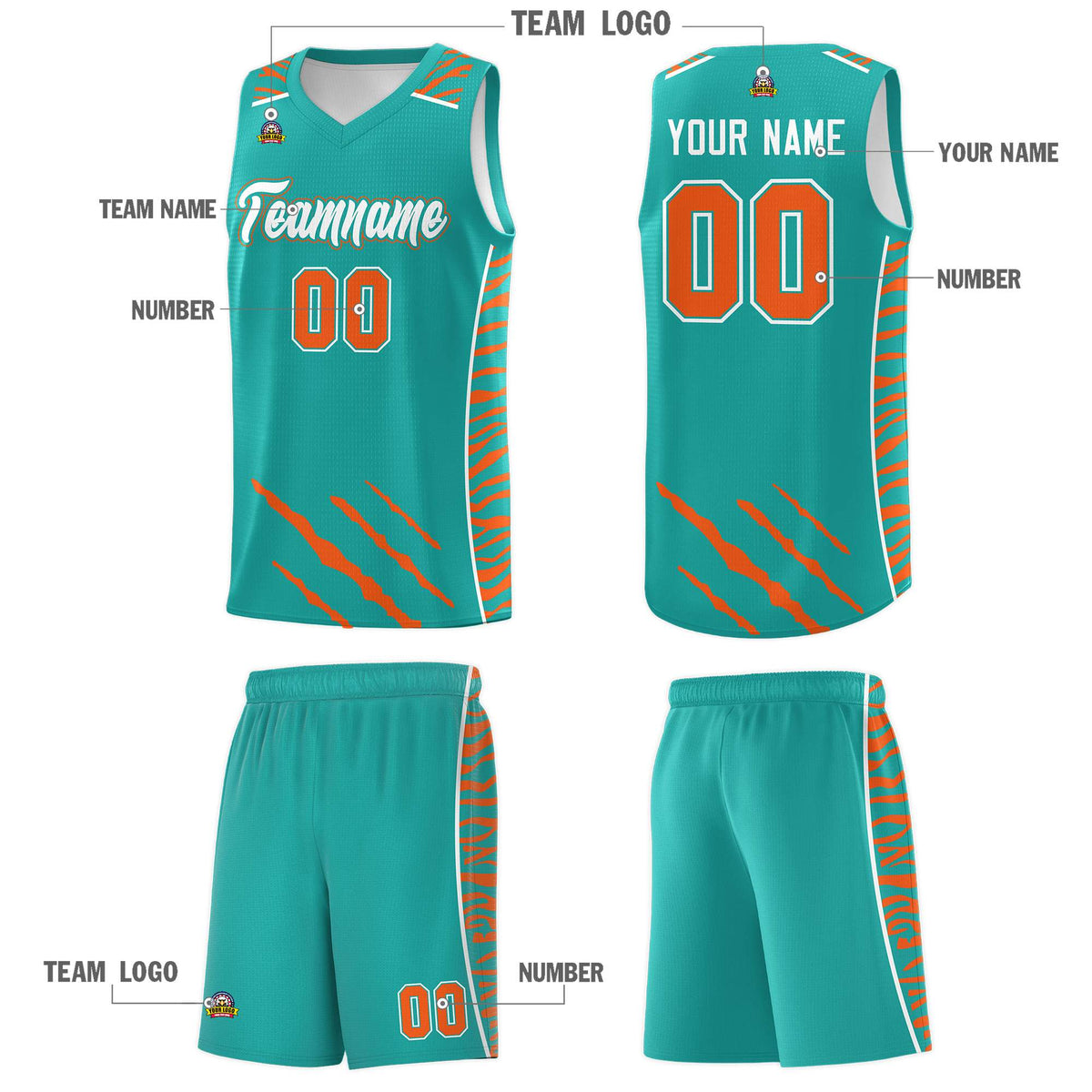 Custom Aqua Personalized Tiger Claw Pattern Sports Uniform Basketball Jersey