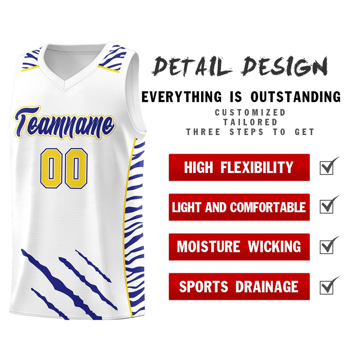 Custom White Personalized Tiger Claw Pattern Sports Uniform Basketball Jersey