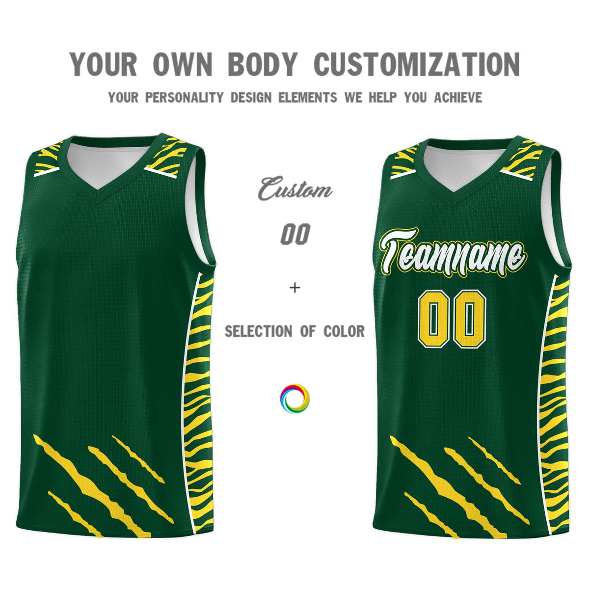 Custom Green Personalized Tiger Claw Pattern Sports Uniform Basketball Jersey