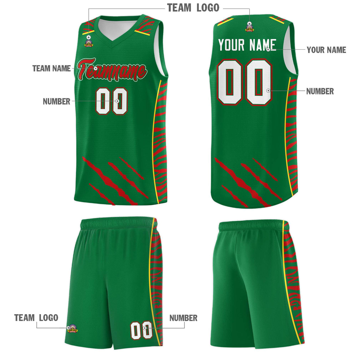 Custom Kelly Green Personalized Tiger Claw Pattern Sports Uniform Basketball Jersey