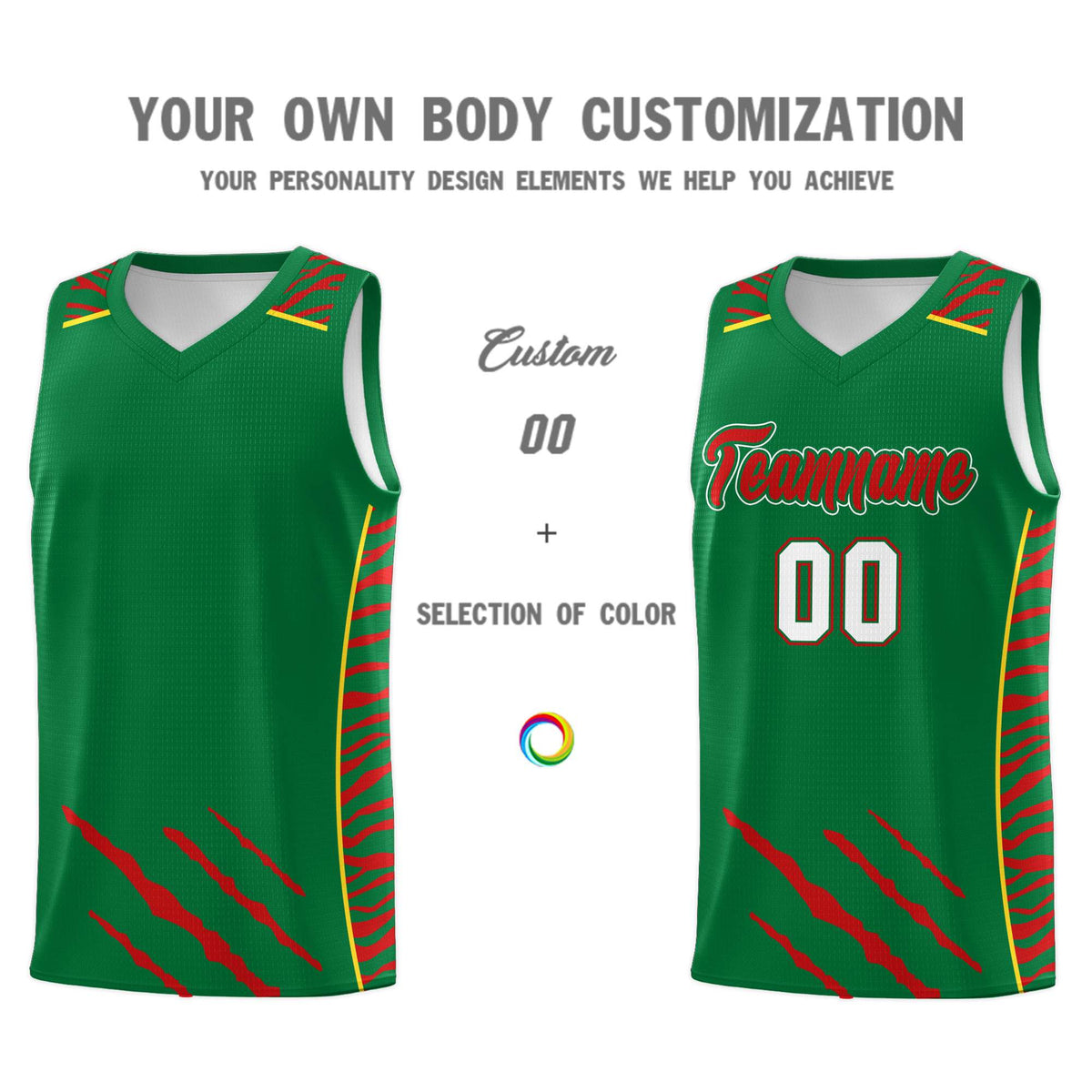Custom Kelly Green Personalized Tiger Claw Pattern Sports Uniform Basketball Jersey