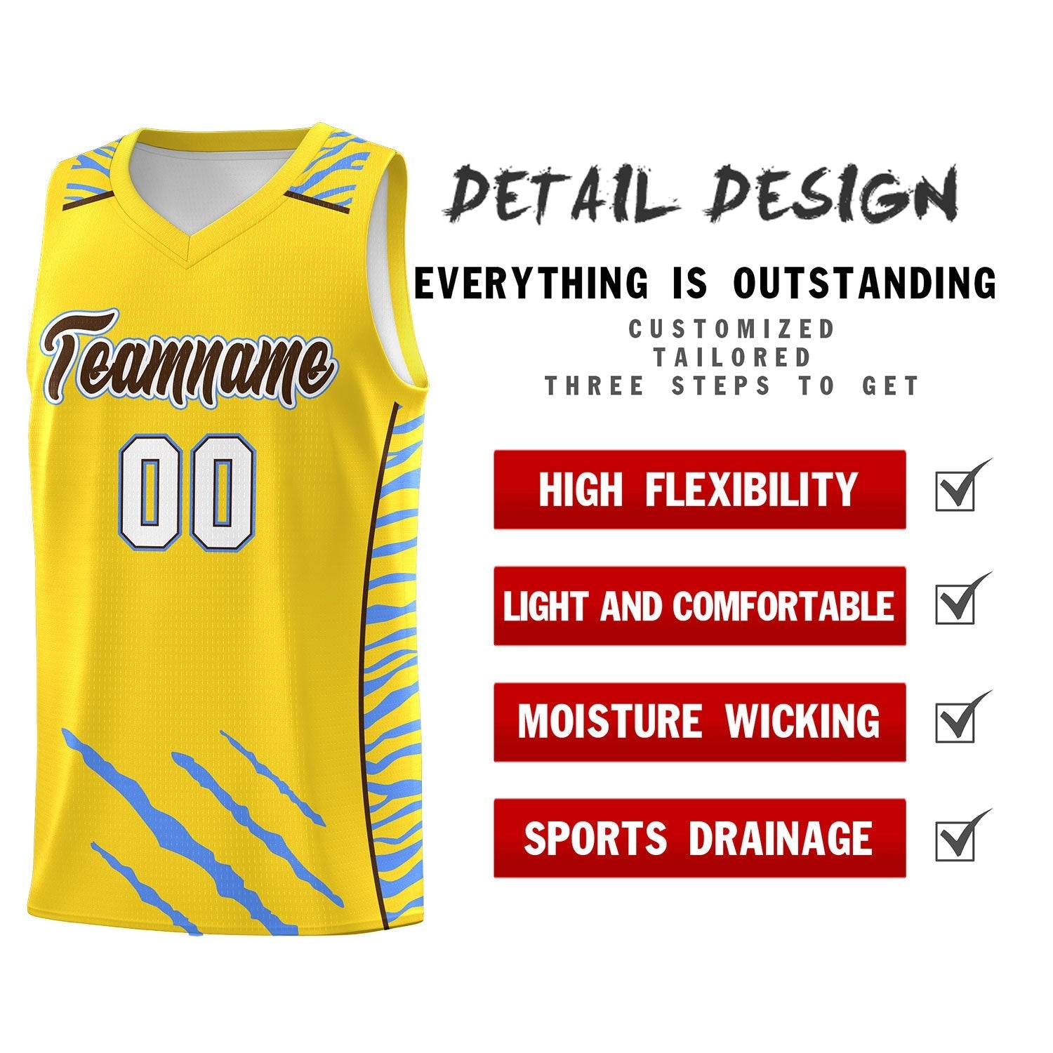 Custom Gold Personalized Tiger Claw Pattern Sports Uniform Basketball Jersey