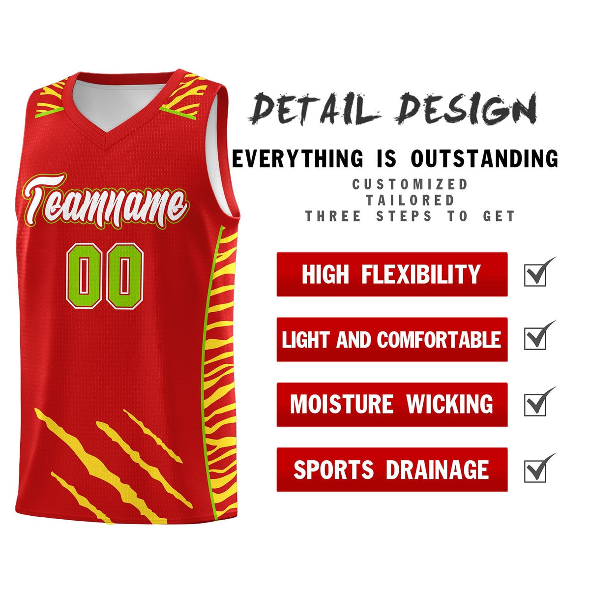 Custom Red Personalized Tiger Claw Pattern Sports Uniform Basketball Jersey