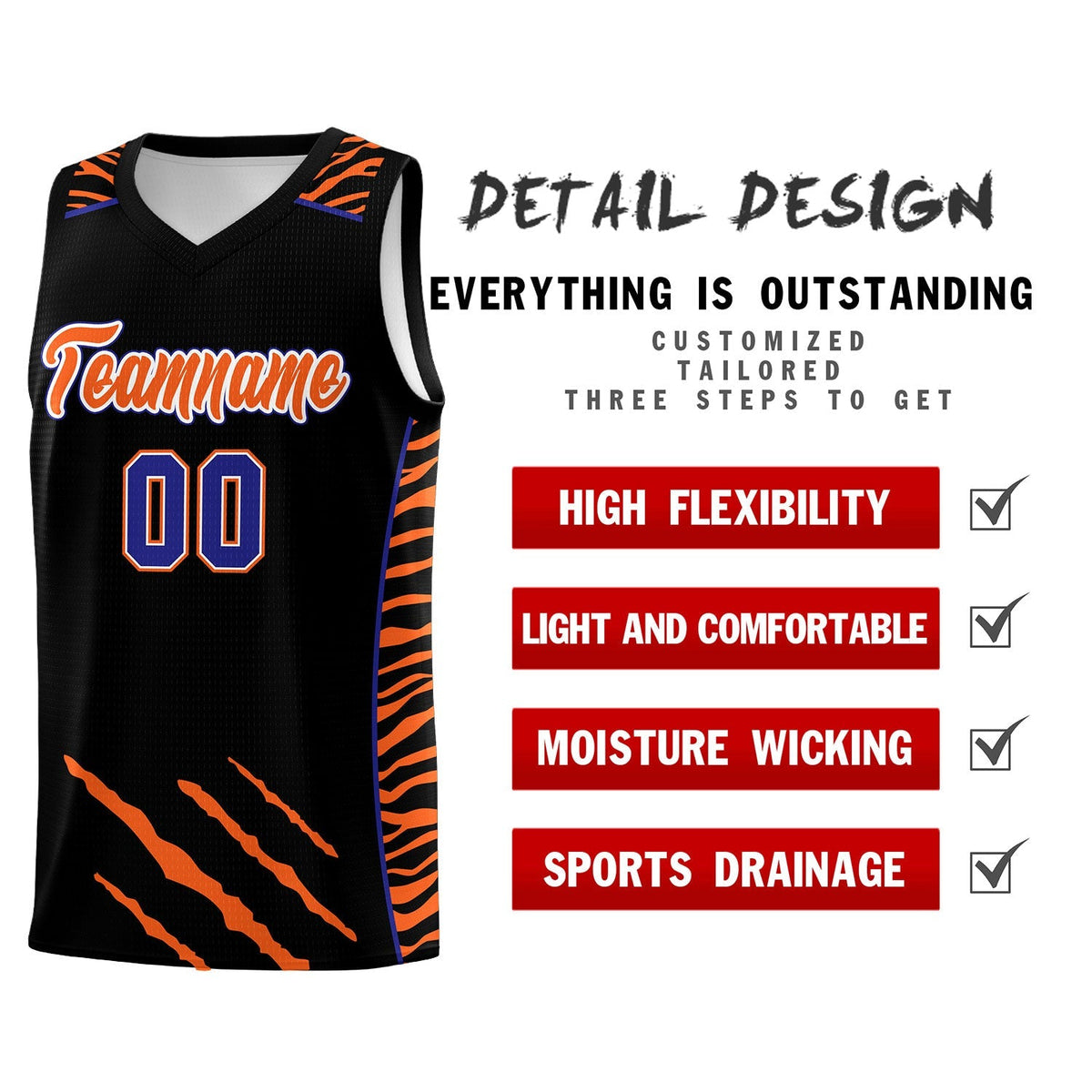 Custom Black Personalized Tiger Claw Pattern Sports Uniform Basketball Jersey