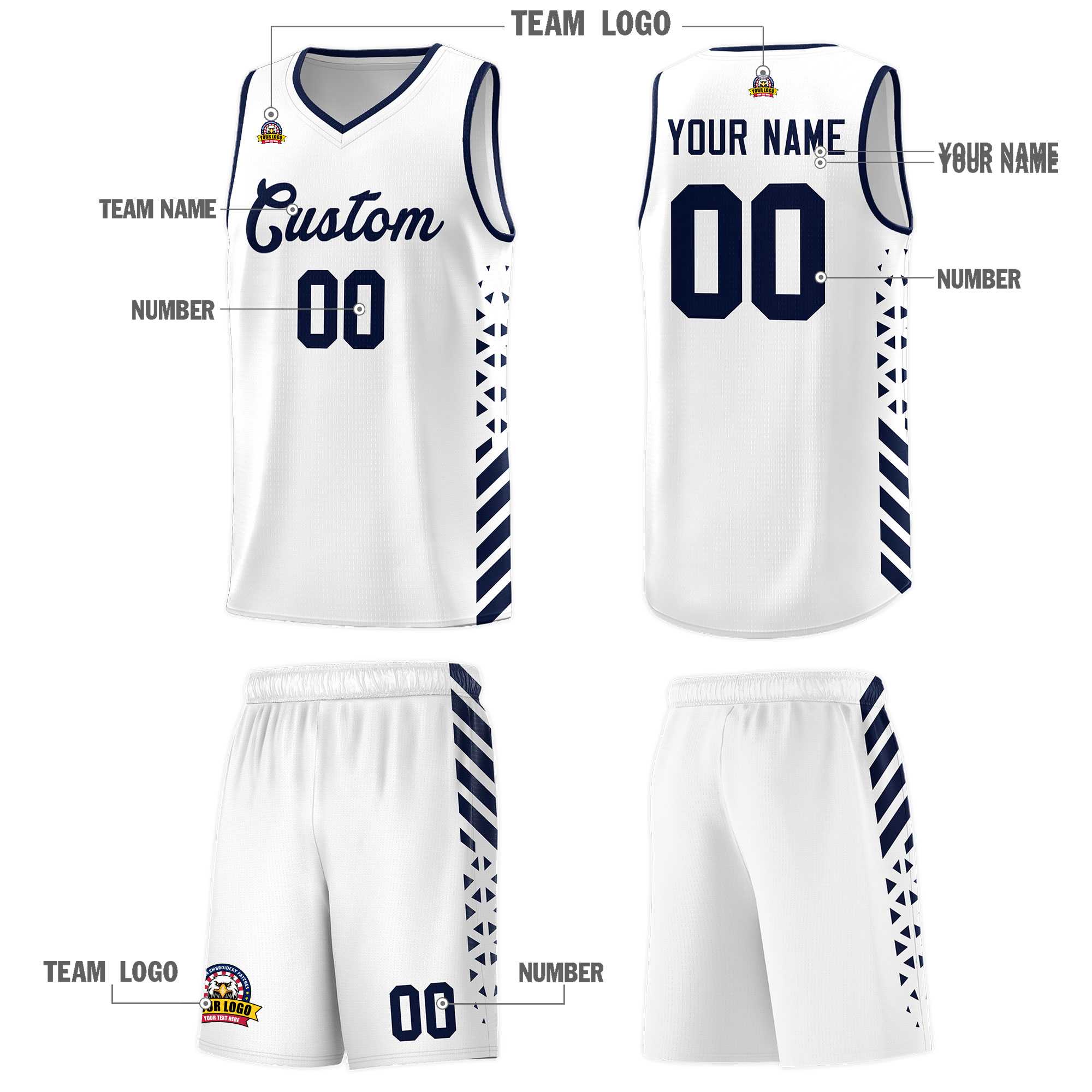 Custom White Basketball Kits With Side Navy Diamond Stripe Pattern
